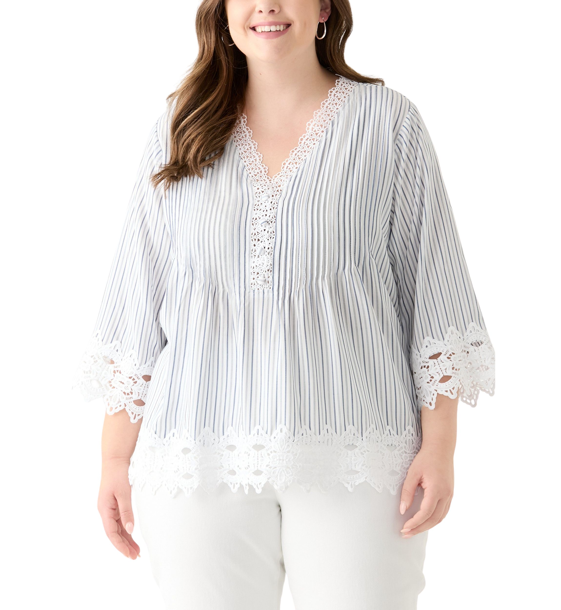 Plus Size 3/4 Sleeve Crochet Trim Woven Blouse 