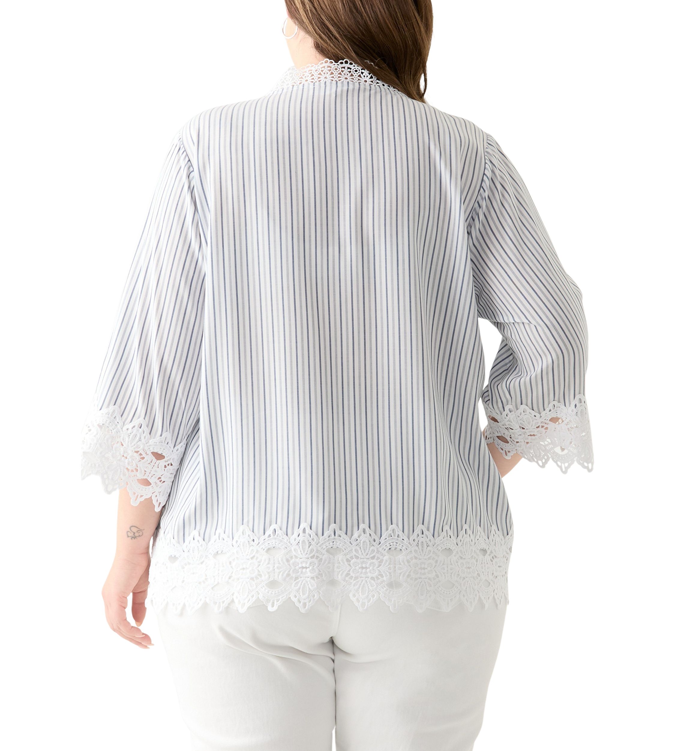 Plus Size 3/4 Sleeve Crochet Trim Woven Blouse 
