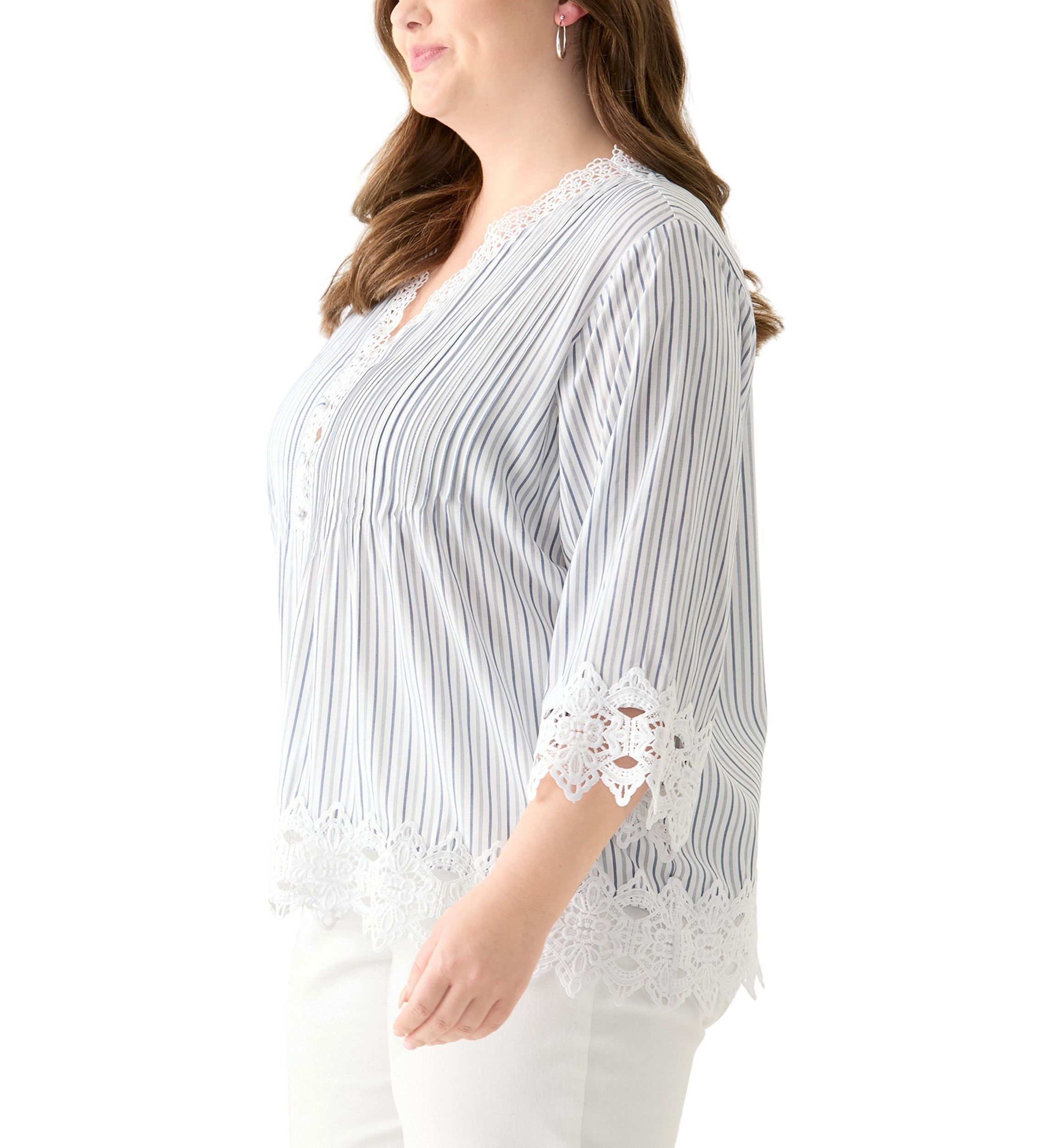 Plus Size 3/4 Sleeve Crochet Trim Woven Blouse 