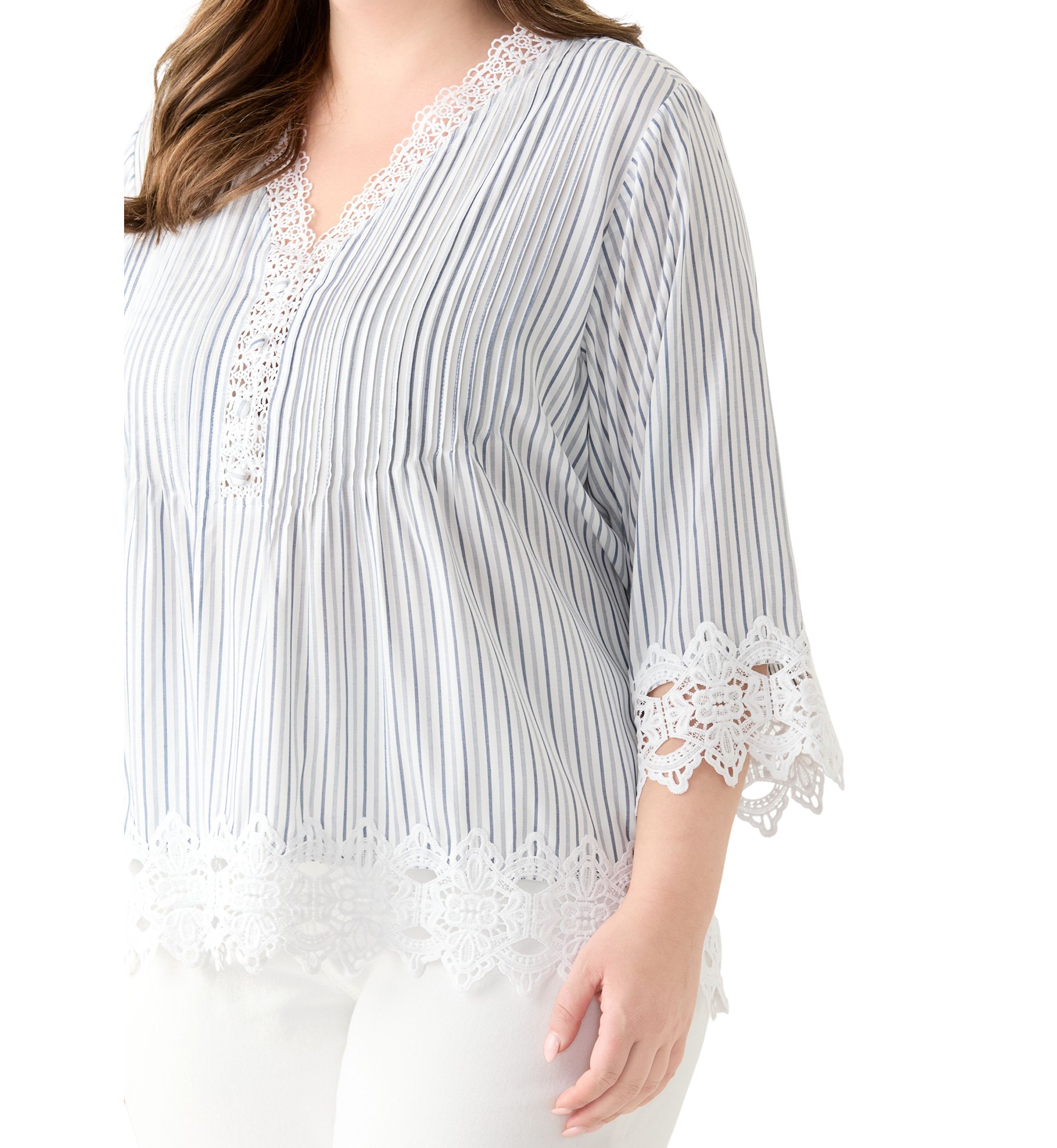 Plus Size 3/4 Sleeve Crochet Trim Woven Blouse 