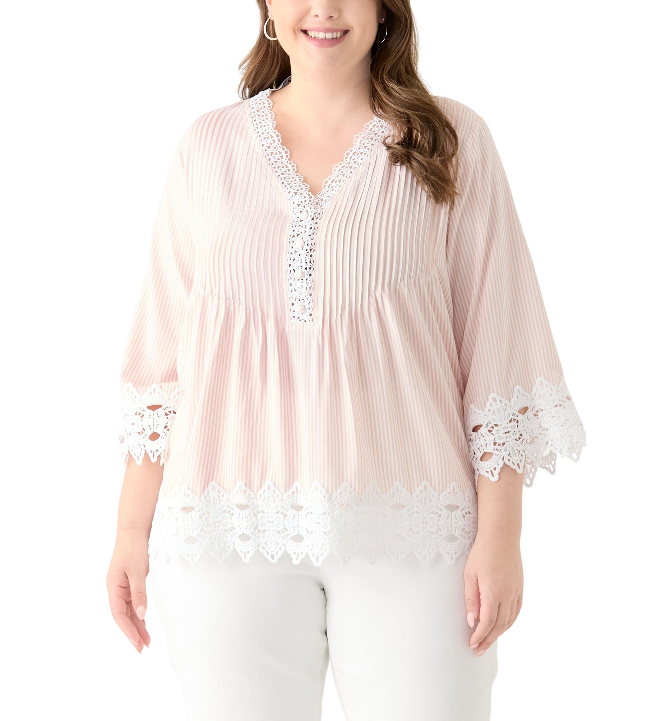 Plus Size 3/4 Sleeve Crochet Trim Woven Blouse 