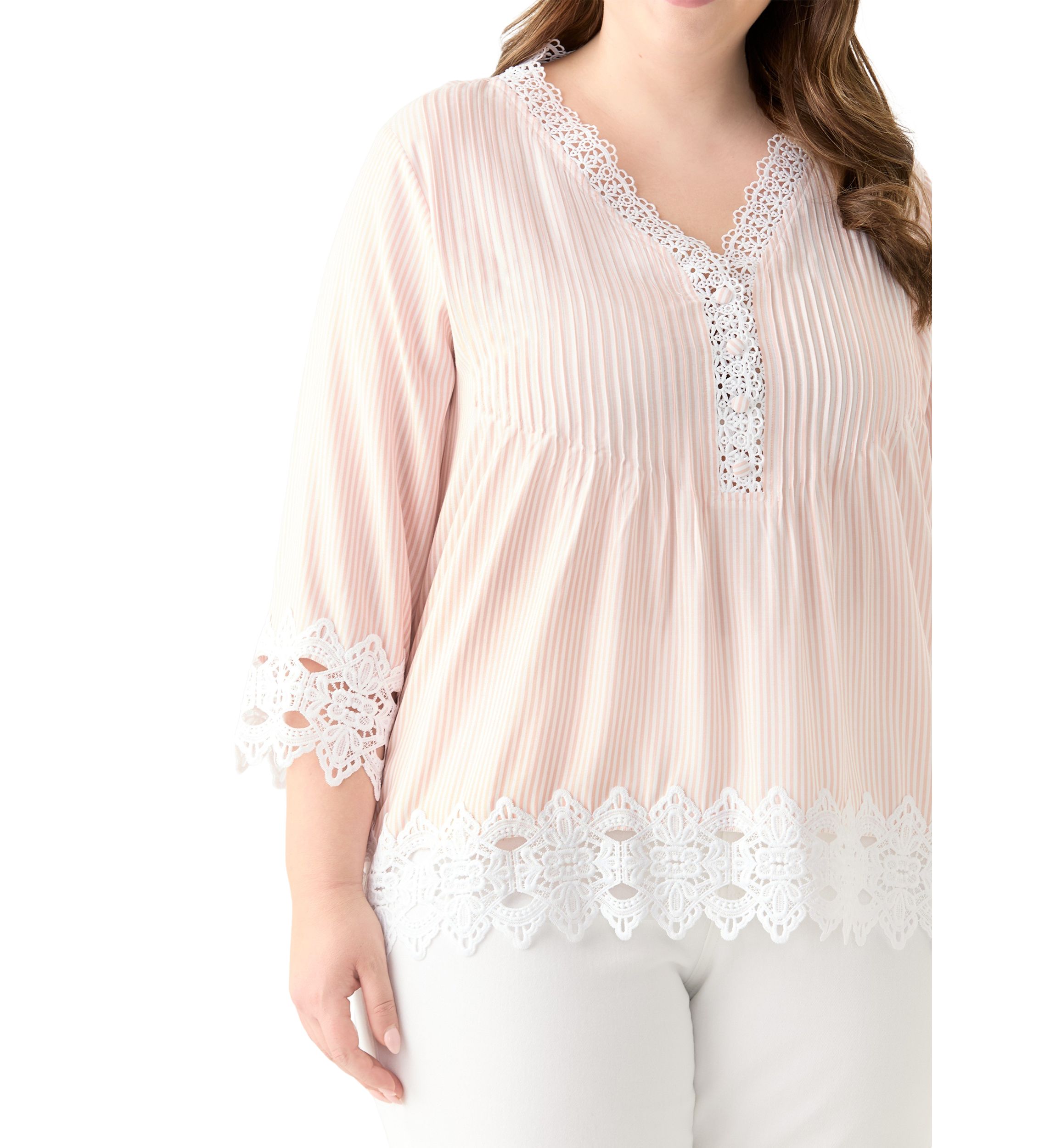 Plus Size 3/4 Sleeve Crochet Trim Woven Blouse 
