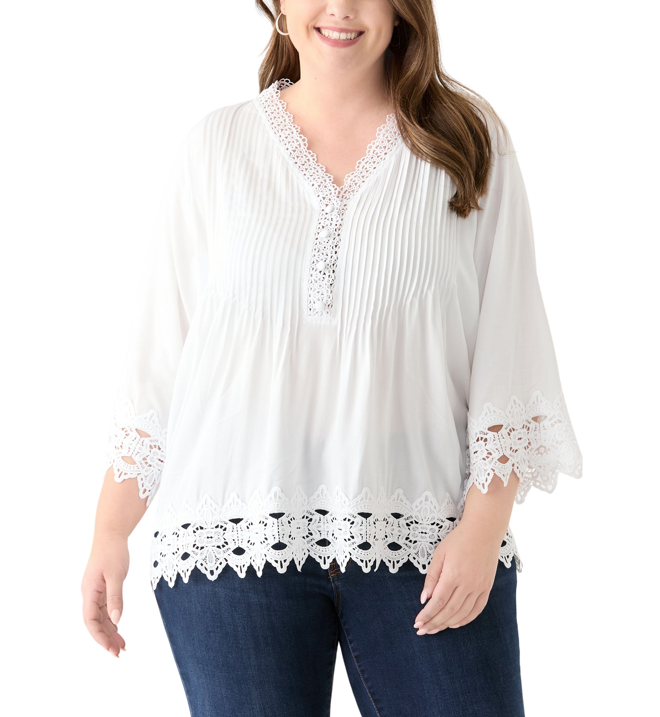 Plus Size 3/4 Crochet Trim Woven V-Neck Blouse 