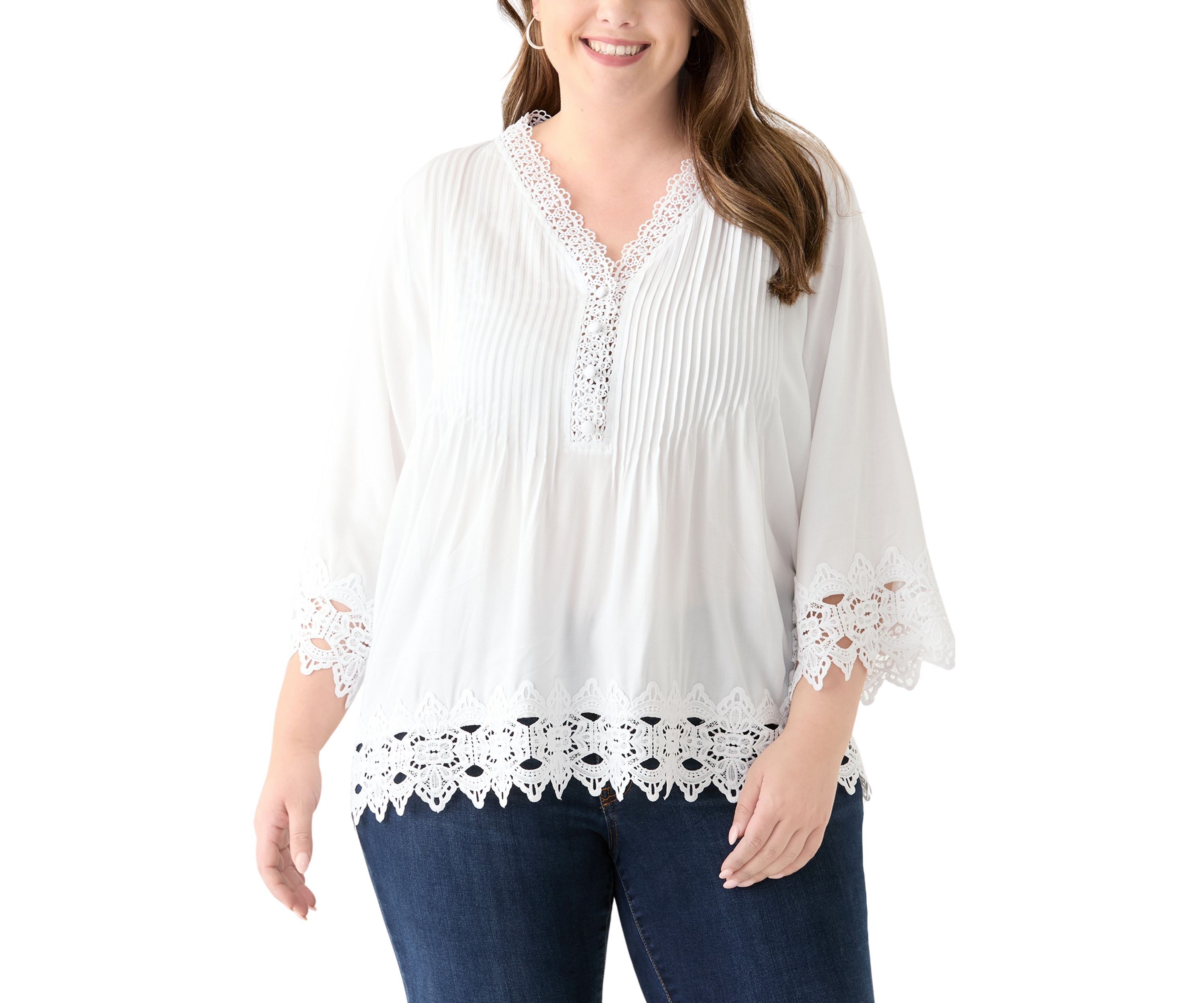Plus Size 3/4 Crochet Trim Woven V-Neck Blouse 