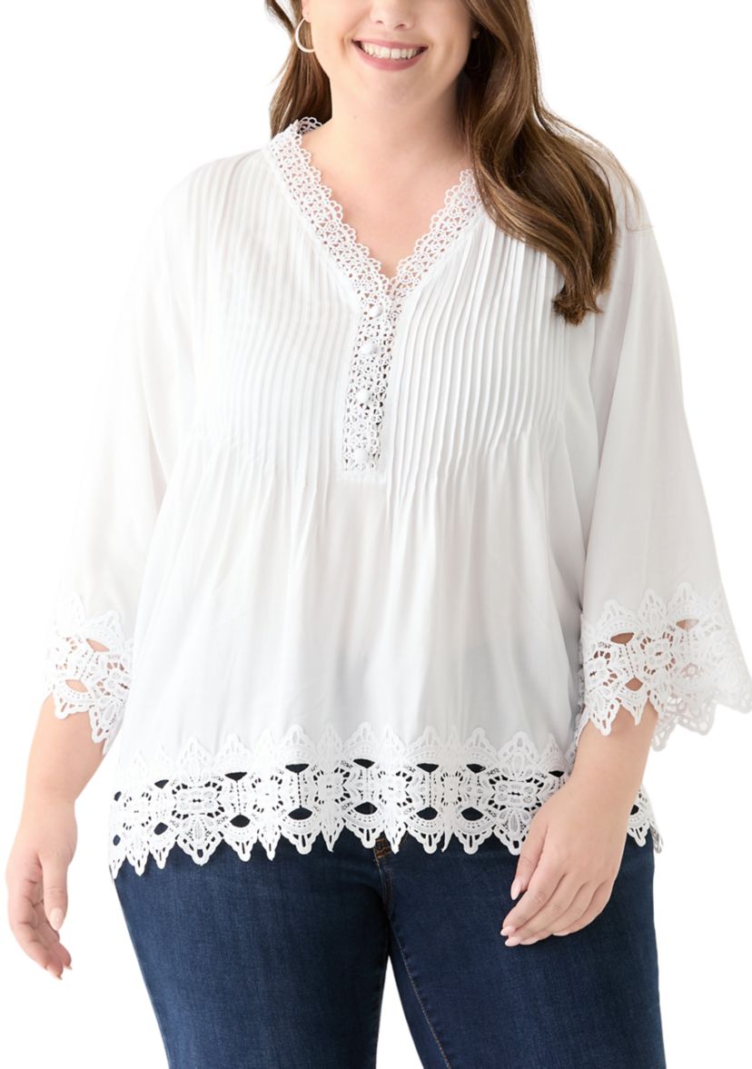 Plus Size 3/4 Crochet Trim Woven V-Neck Blouse 