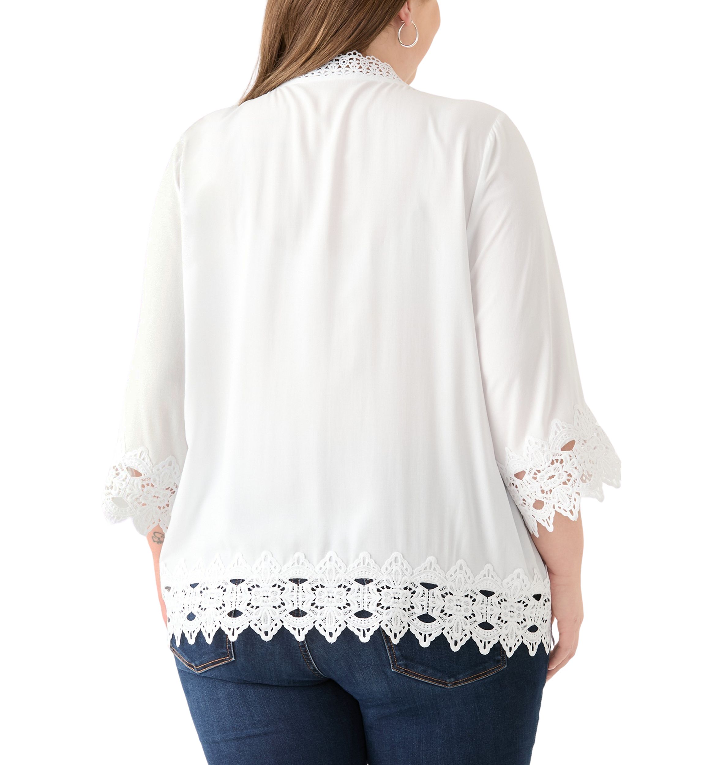 Plus Size 3/4 Crochet Trim Woven V-Neck Blouse 