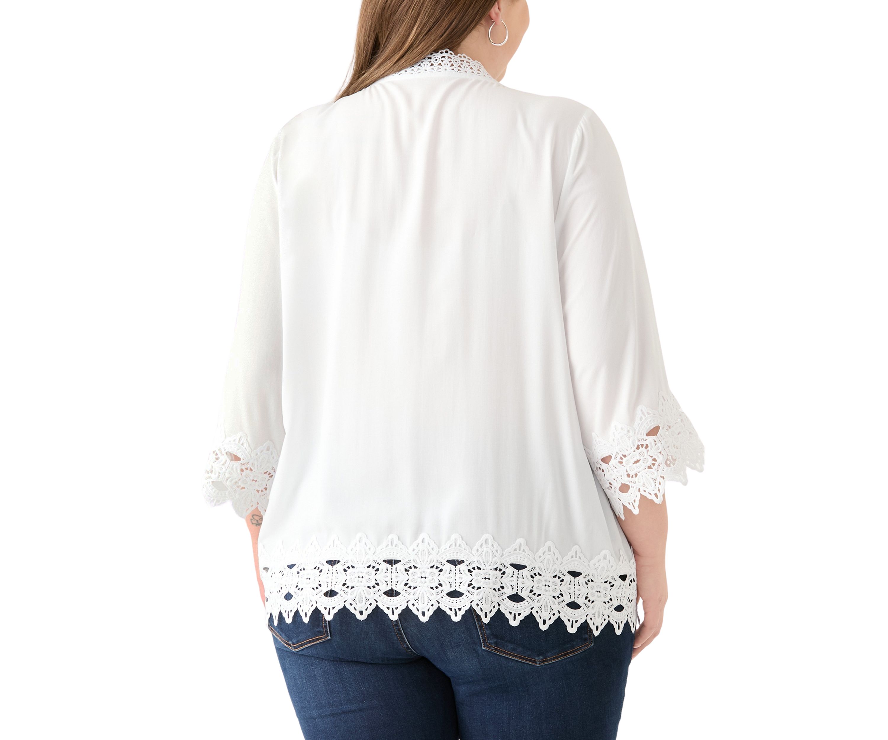 Plus Size 3/4 Crochet Trim Woven V-Neck Blouse 