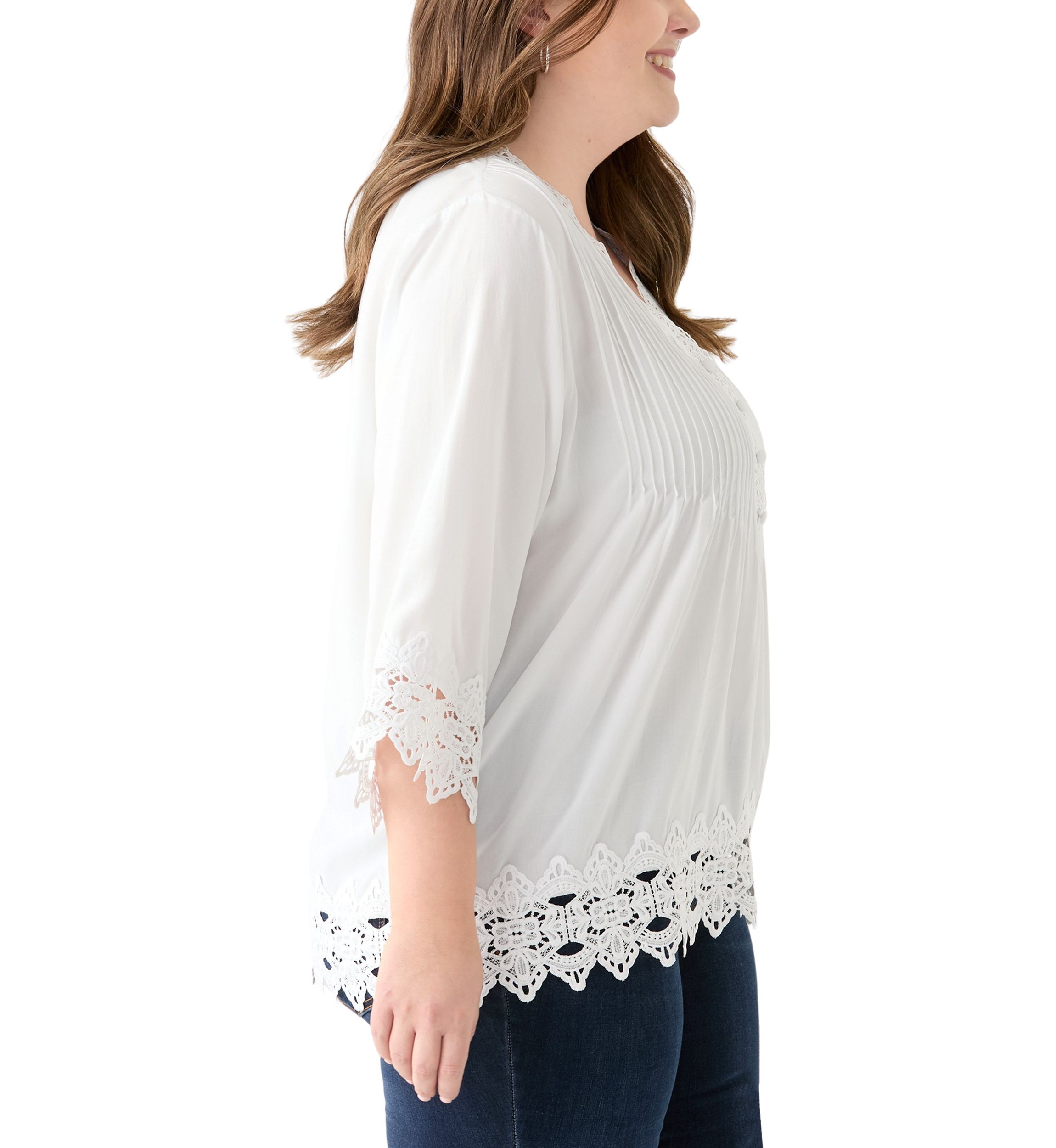 Plus Size 3/4 Crochet Trim Woven V-Neck Blouse 