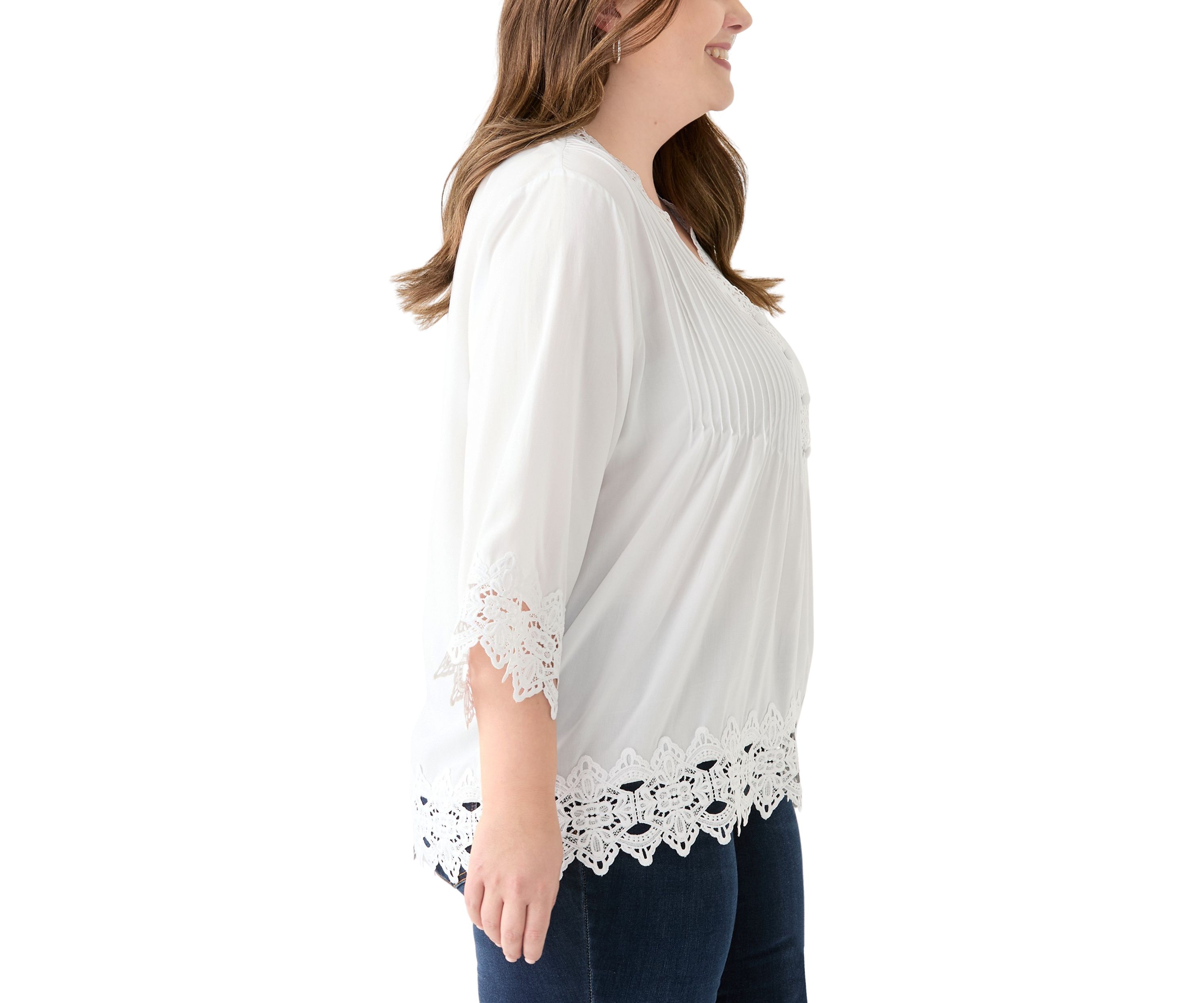 Plus Size 3/4 Crochet Trim Woven V-Neck Blouse 