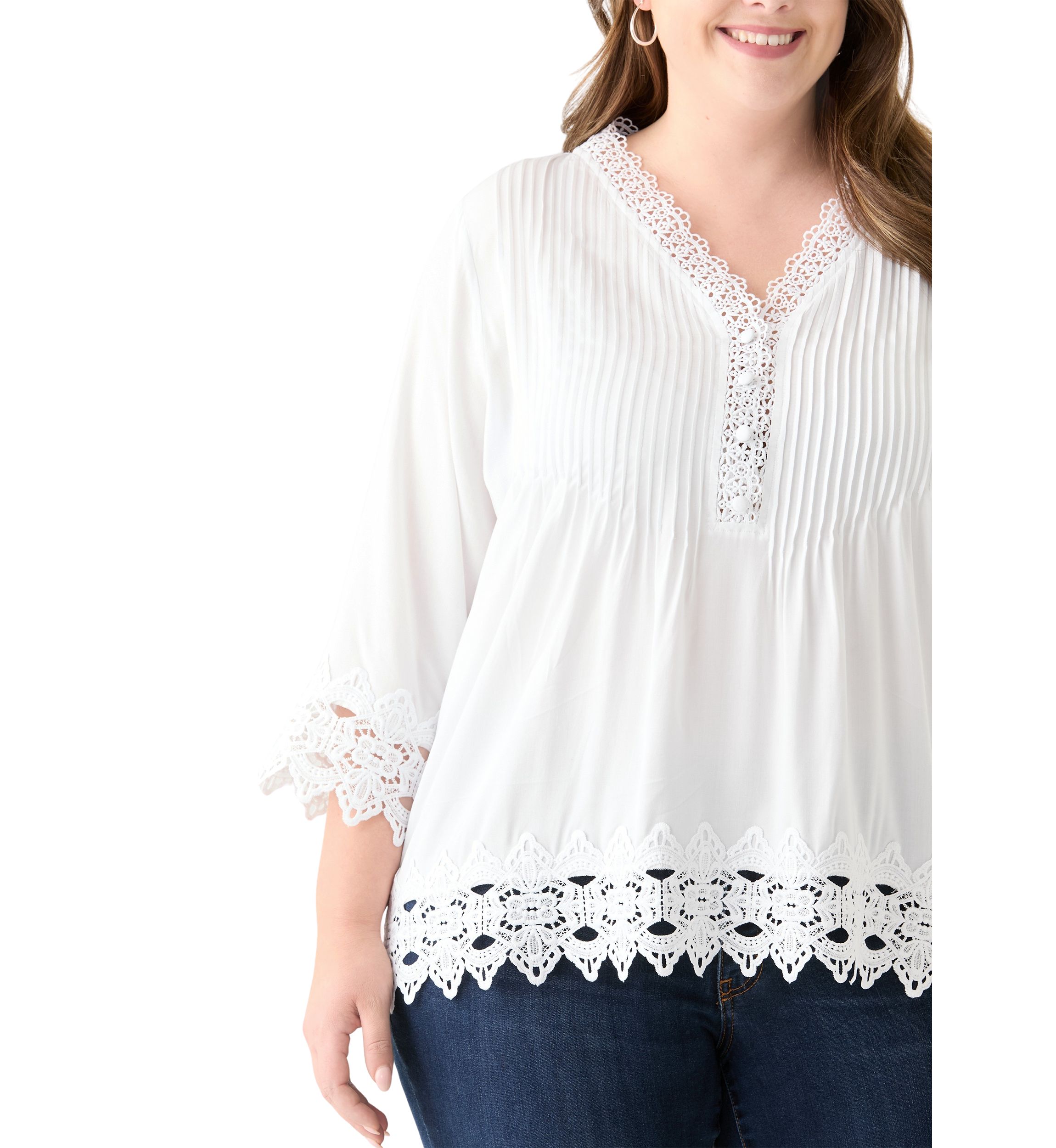 Plus Size 3/4 Crochet Trim Woven V-Neck Blouse 