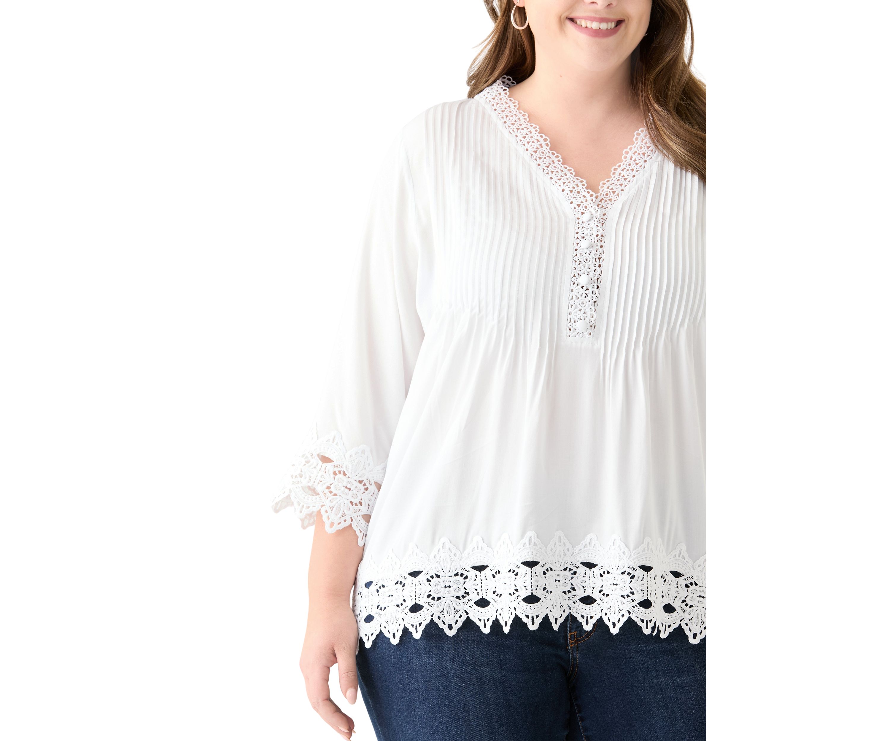 Plus Size 3/4 Crochet Trim Woven V-Neck Blouse 