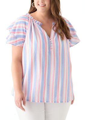 Chelsea & Theodore Plus Size Short Sleeve Double Ruffle Woven Shirt | Belk