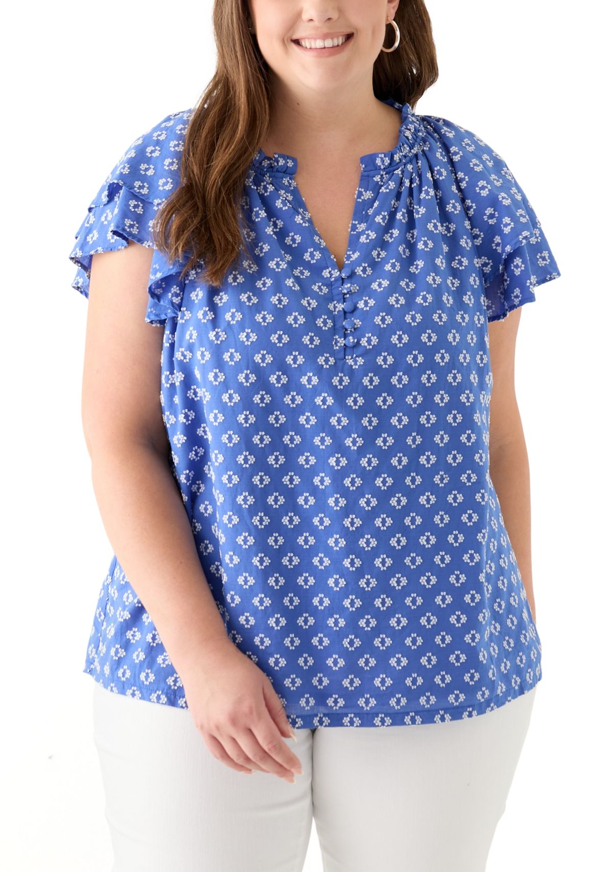 Plus Size Short Sleeve Double Ruffle Sleeve Woven Shirt 