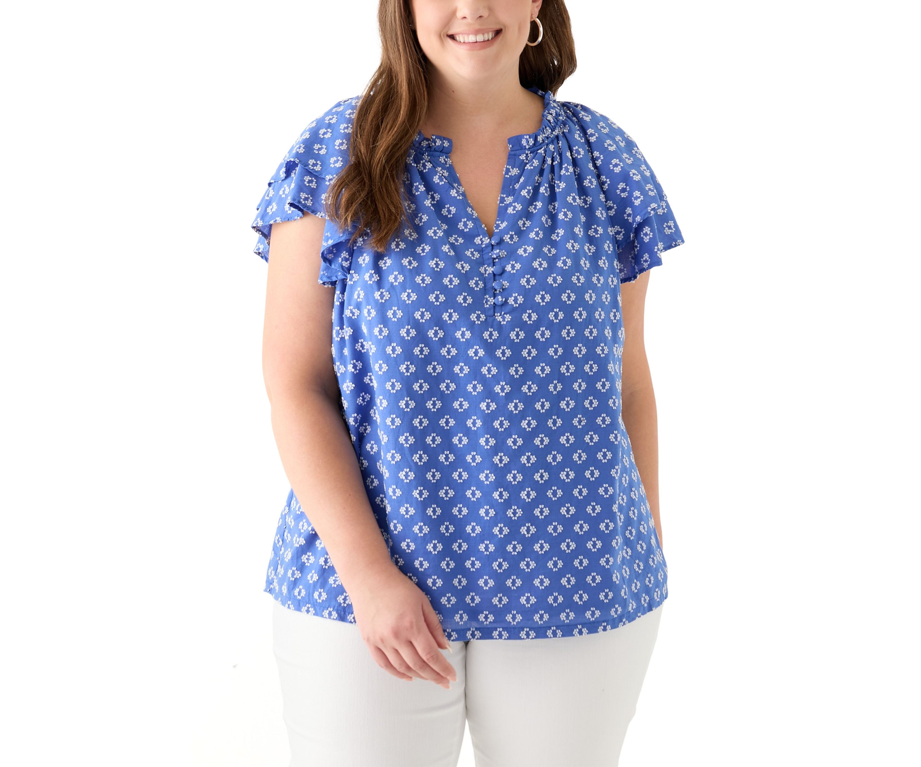 Plus Size Short Sleeve Double Ruffle Sleeve Woven Shirt 