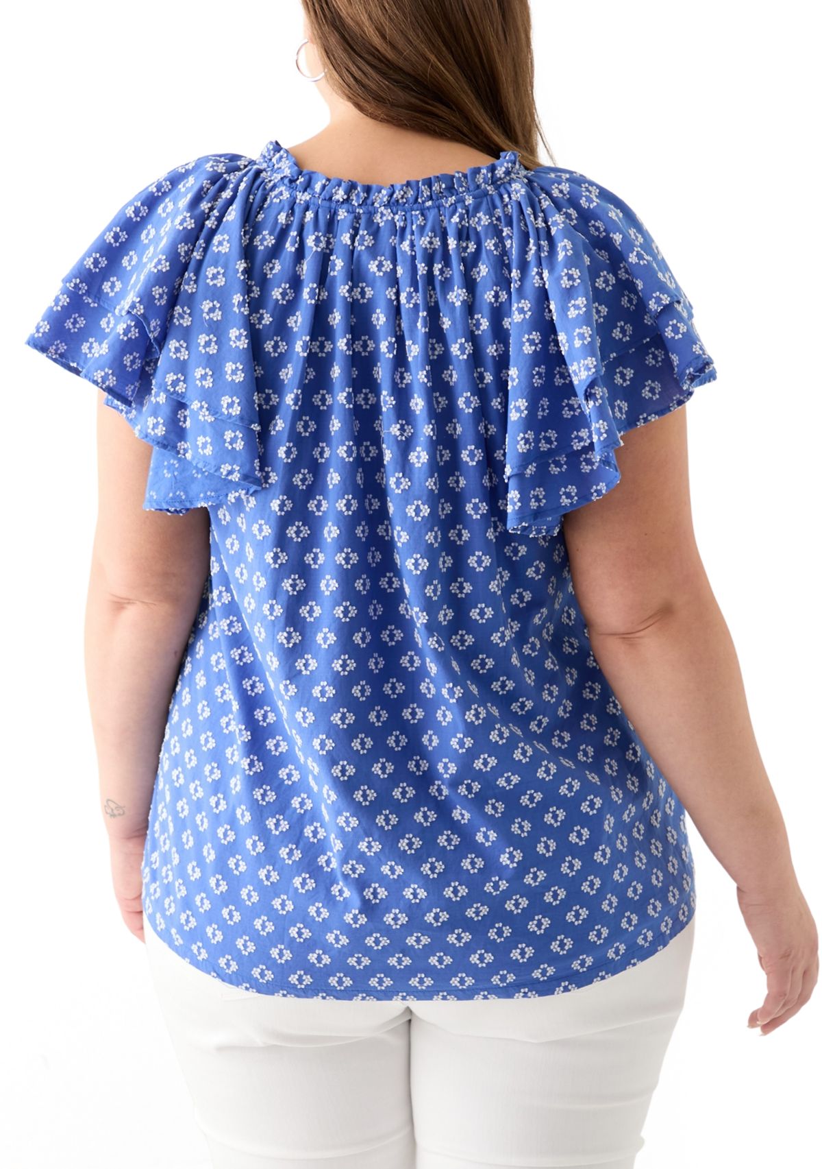 Plus Size Short Sleeve Double Ruffle Sleeve Woven Shirt 