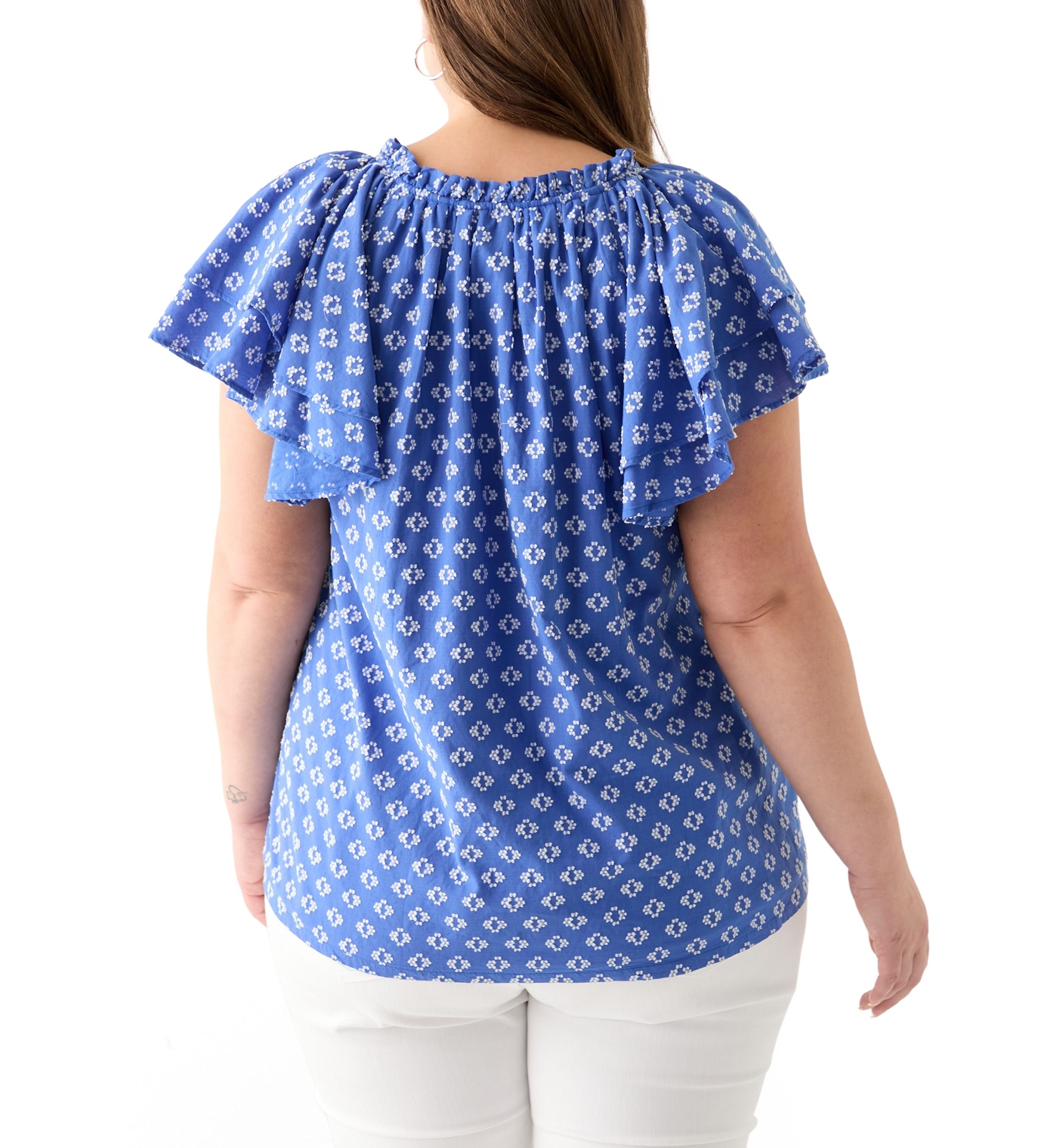 Plus Size Short Sleeve Double Ruffle Sleeve Woven Shirt 