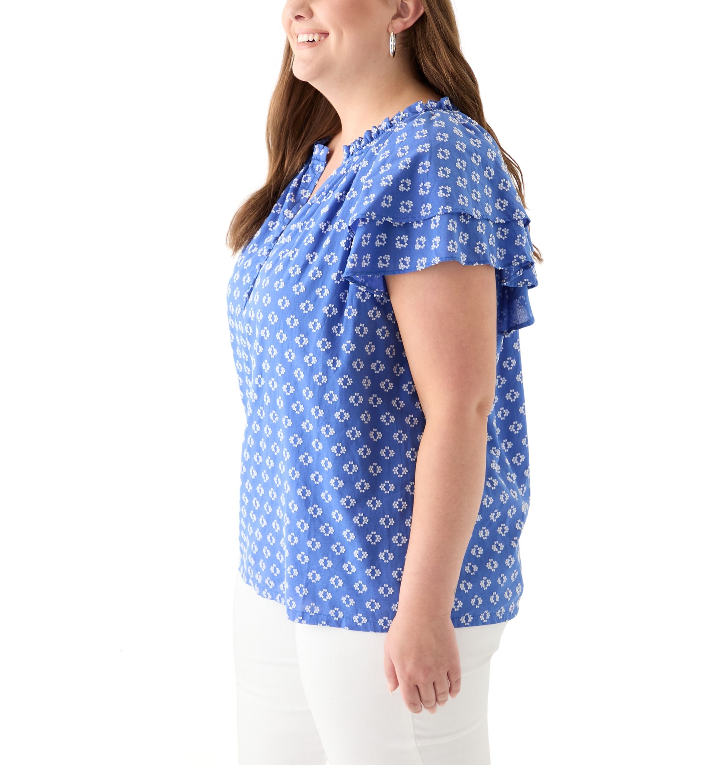Plus Size Short Sleeve Double Ruffle Sleeve Woven Shirt 