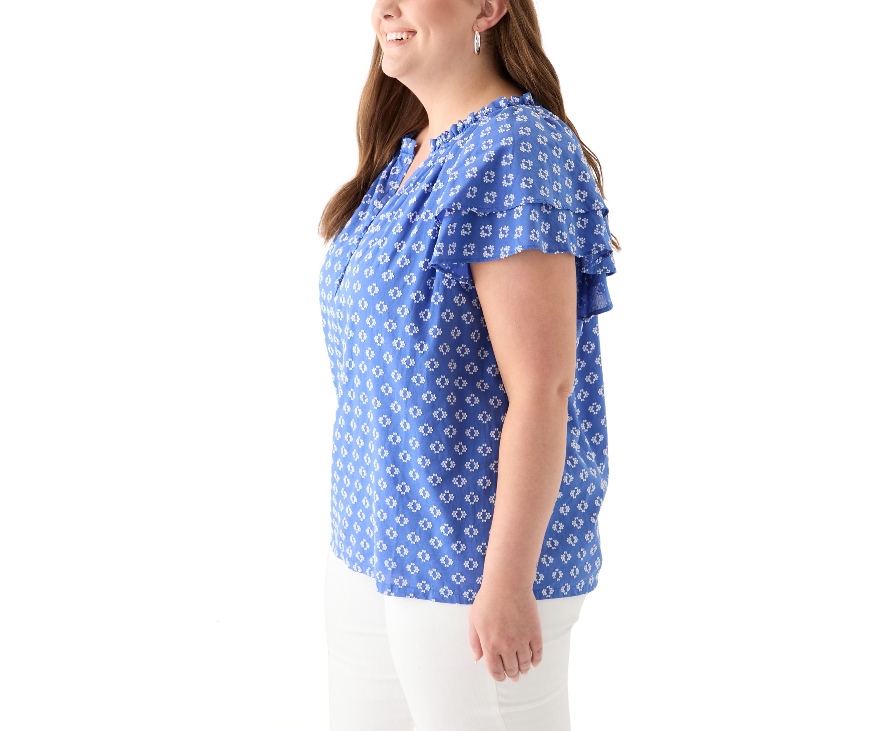 Plus Size Short Sleeve Double Ruffle Sleeve Woven Shirt 