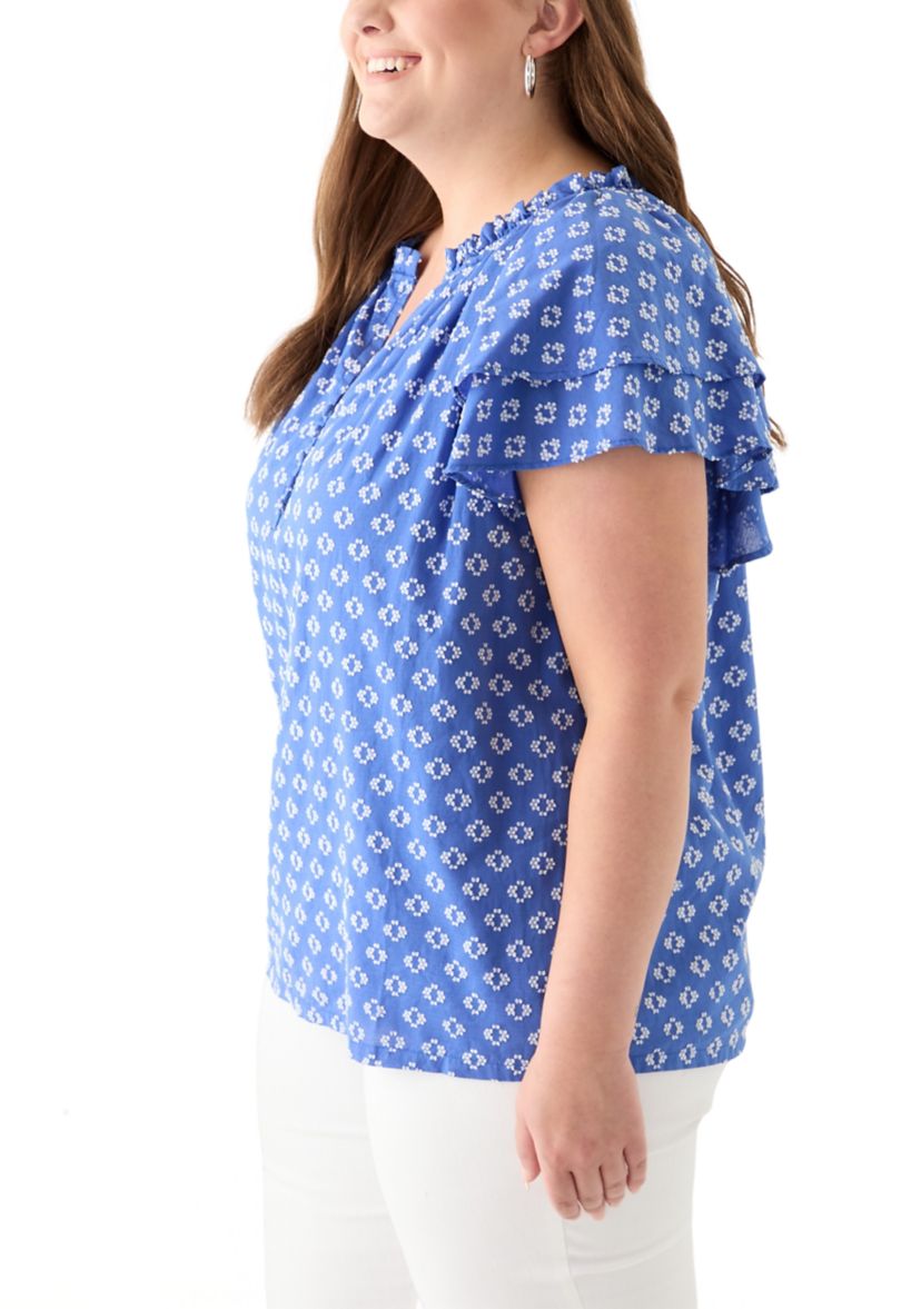 Plus Size Short Sleeve Double Ruffle Sleeve Woven Shirt 