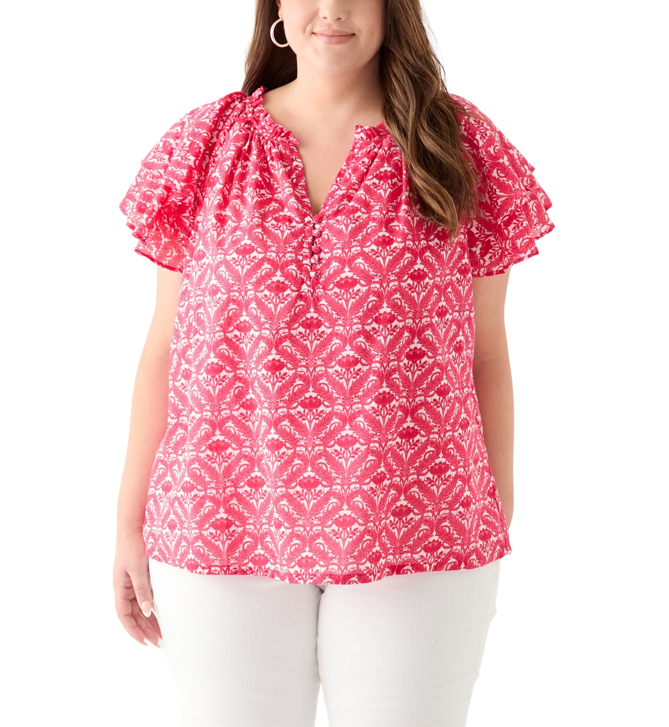 Plus Size Short Sleeve Double Ruffle Sleeve Woven Blouse