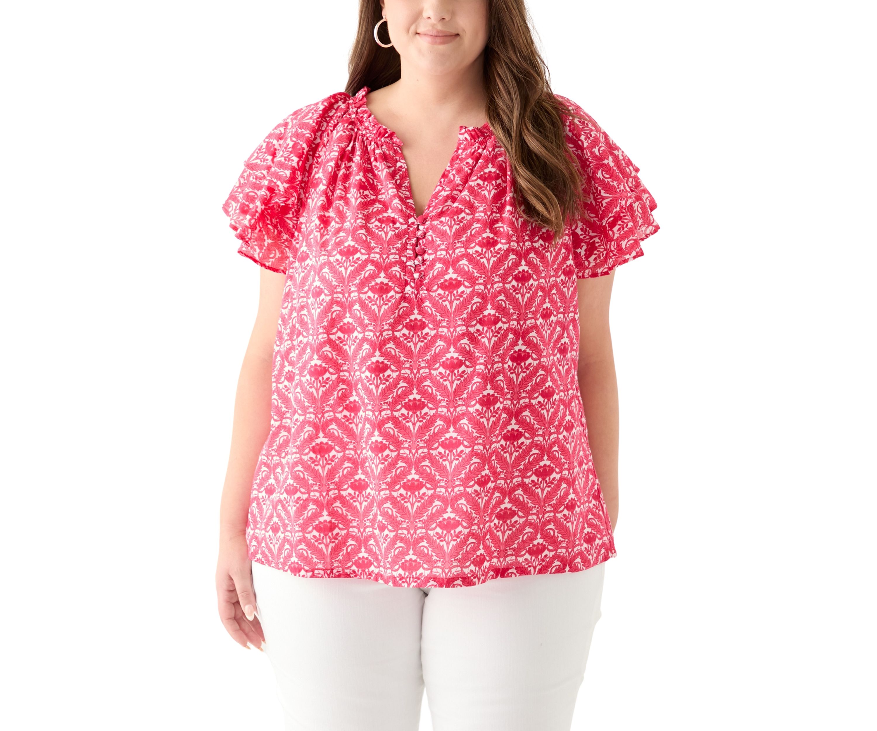 Plus Size Short Sleeve Double Ruffle Sleeve Woven Blouse