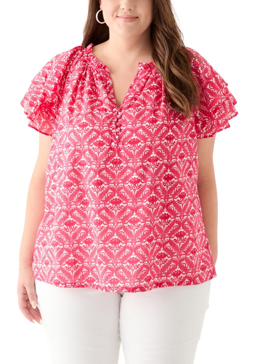 Plus Size Short Sleeve Double Ruffle Sleeve Woven Blouse