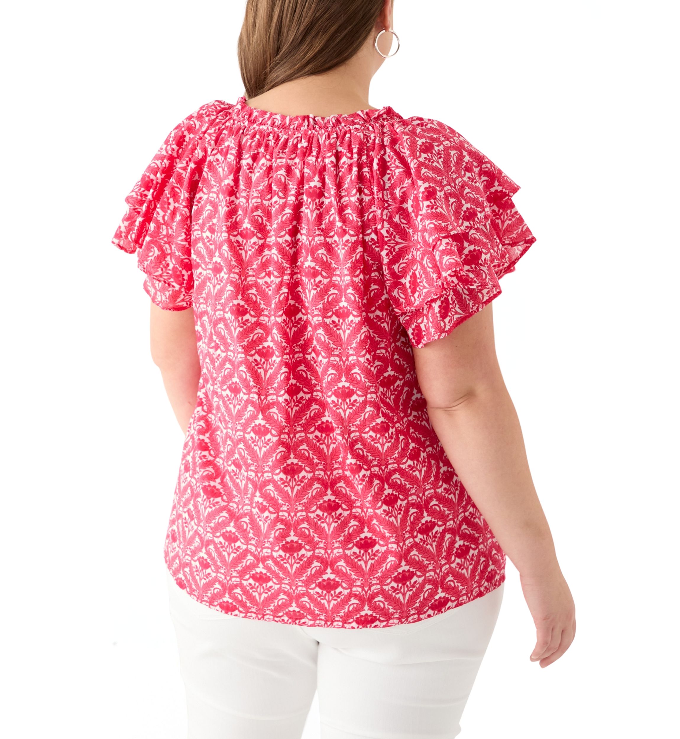 Plus Size Short Sleeve Double Ruffle Sleeve Woven Blouse