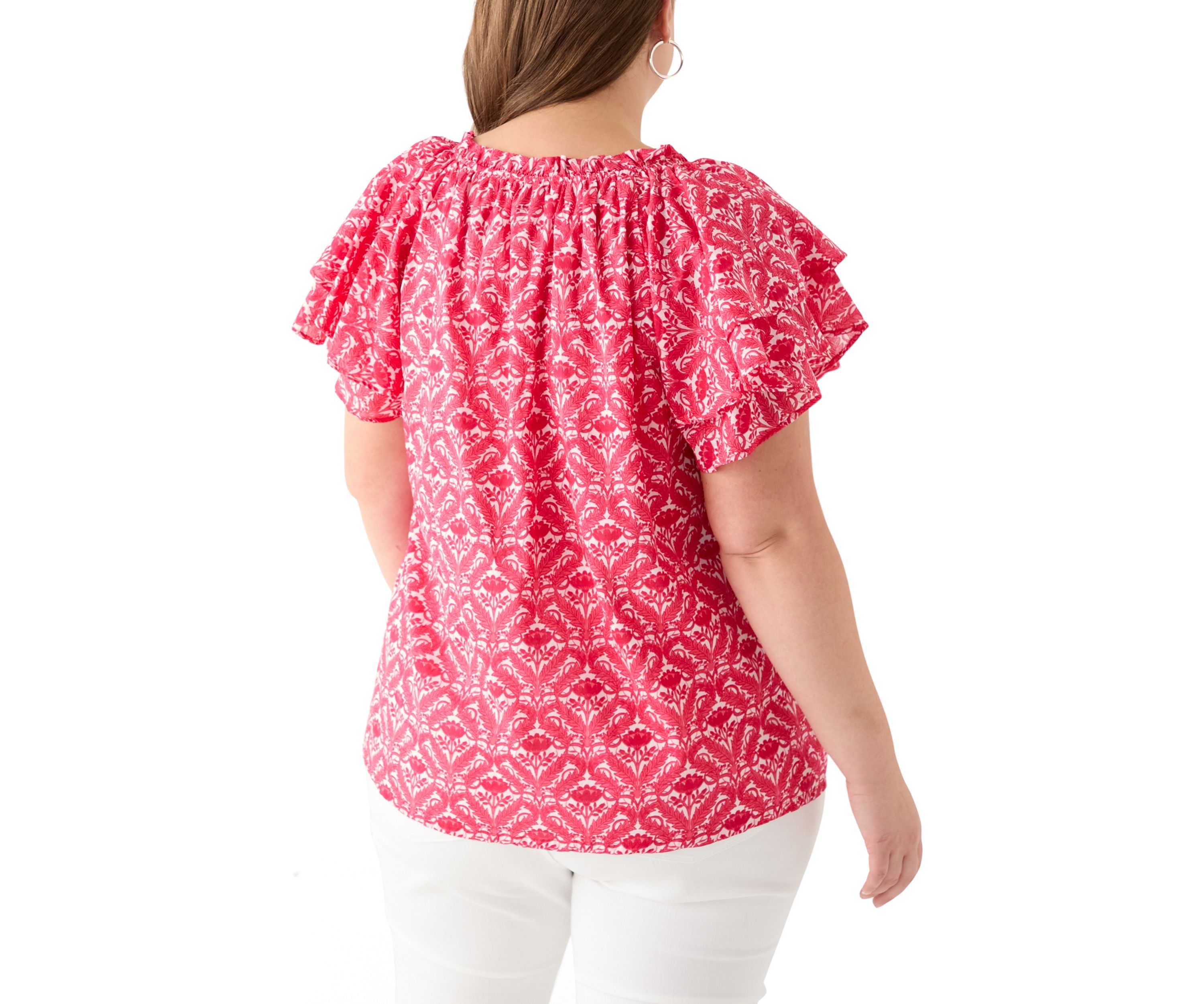 Plus Size Short Sleeve Double Ruffle Sleeve Woven Blouse