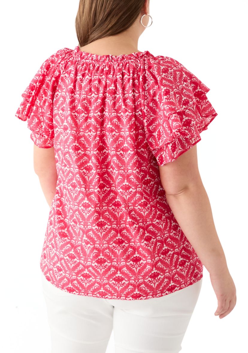 Plus Size Short Sleeve Double Ruffle Sleeve Woven Blouse
