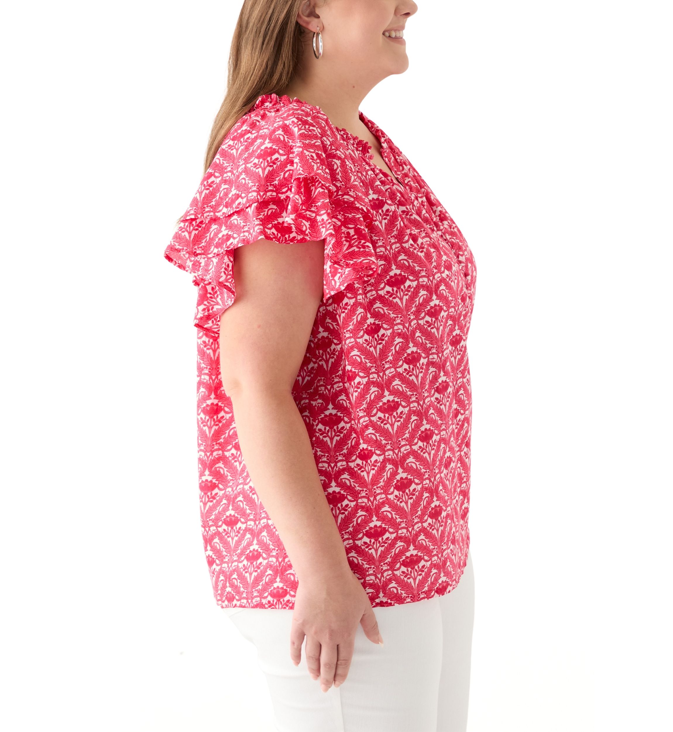 Plus Size Short Sleeve Double Ruffle Sleeve Woven Blouse