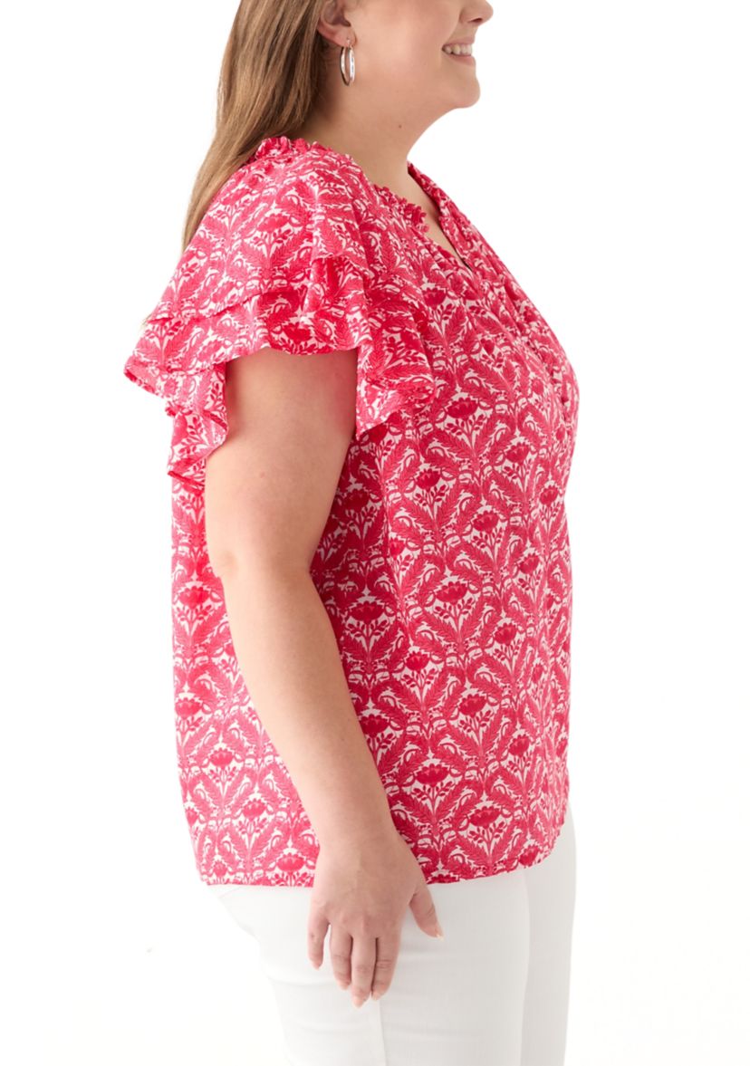 Plus Size Short Sleeve Double Ruffle Sleeve Woven Blouse