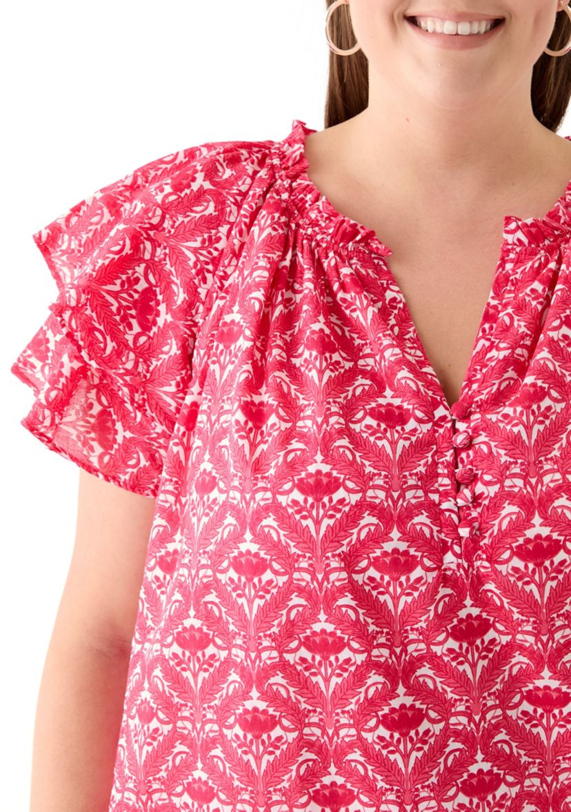 Plus Size Short Sleeve Double Ruffle Sleeve Woven Blouse