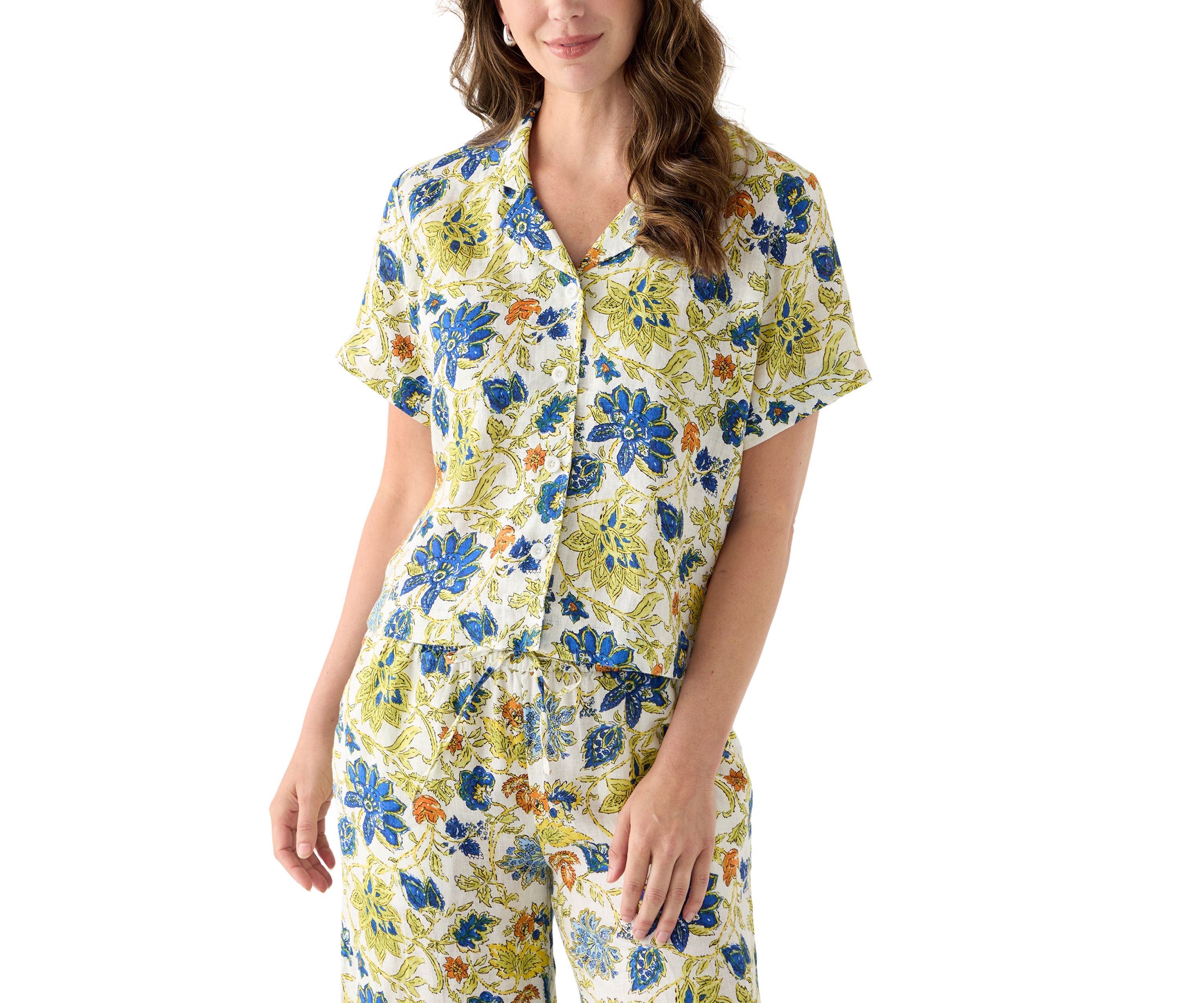 Womens Short-Sleeve Linen Floral Camp Shirt