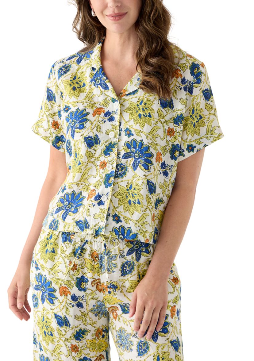 Womens Short-Sleeve Linen Floral Camp Shirt