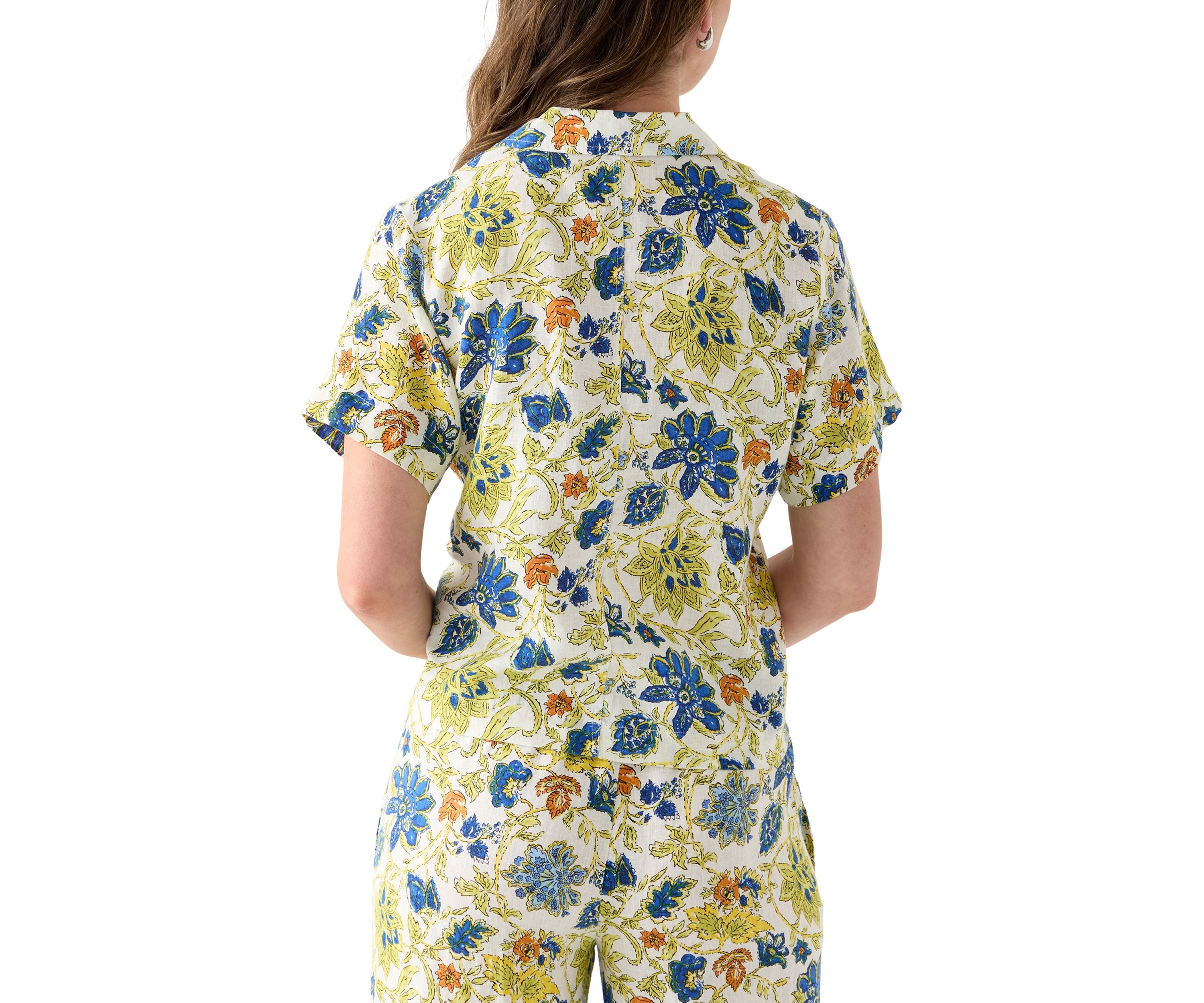 Womens Short-Sleeve Linen Floral Camp Shirt