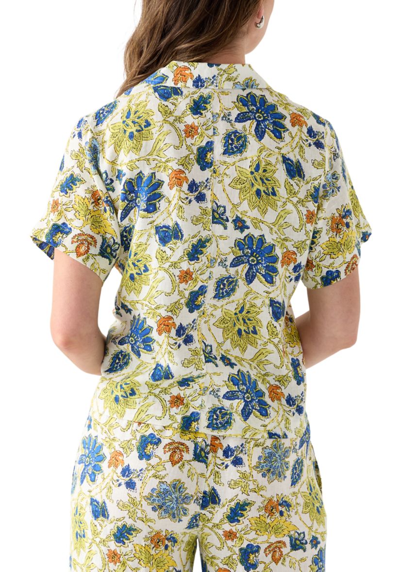 Womens Short-Sleeve Linen Floral Camp Shirt