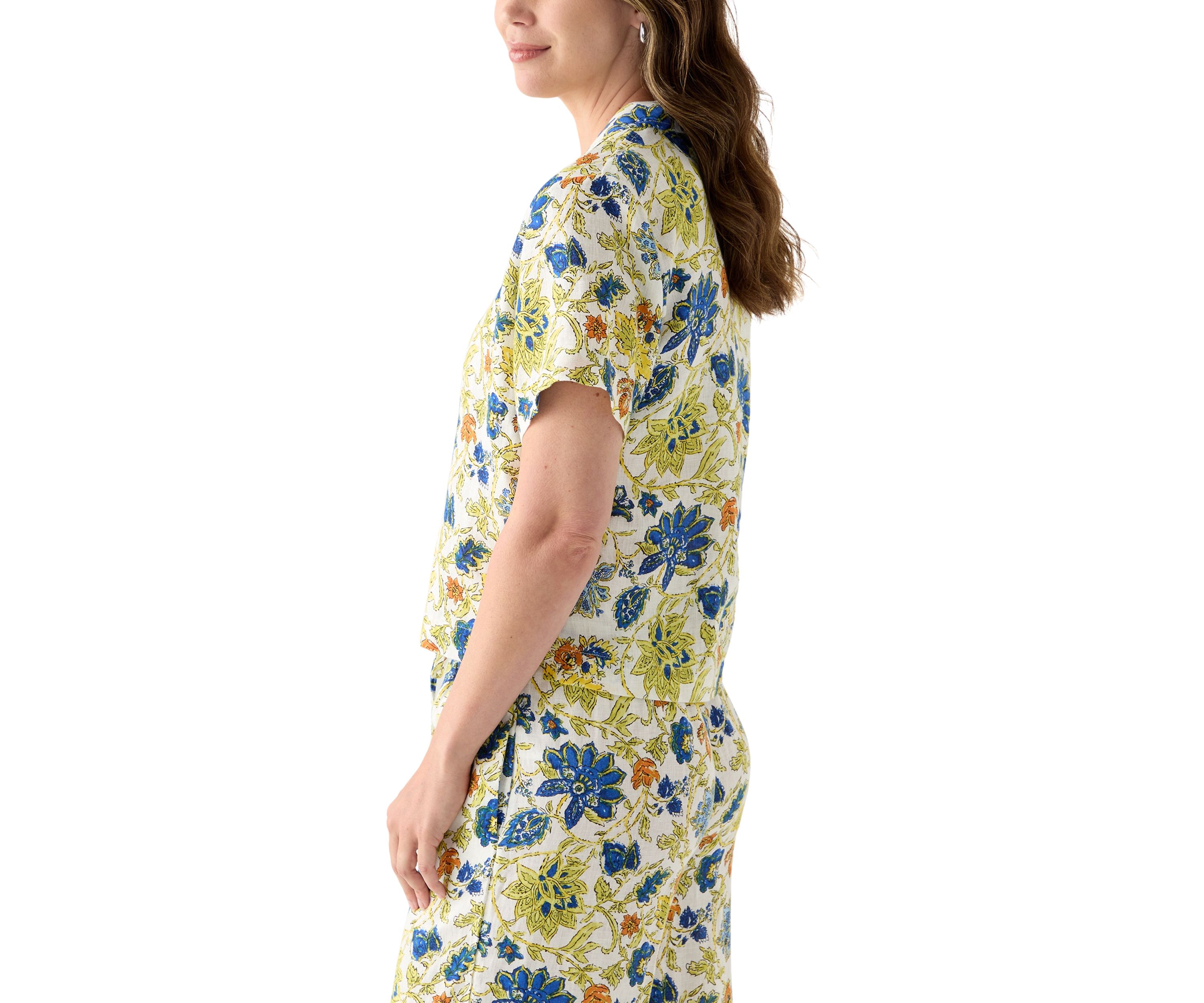 Womens Short-Sleeve Linen Floral Camp Shirt