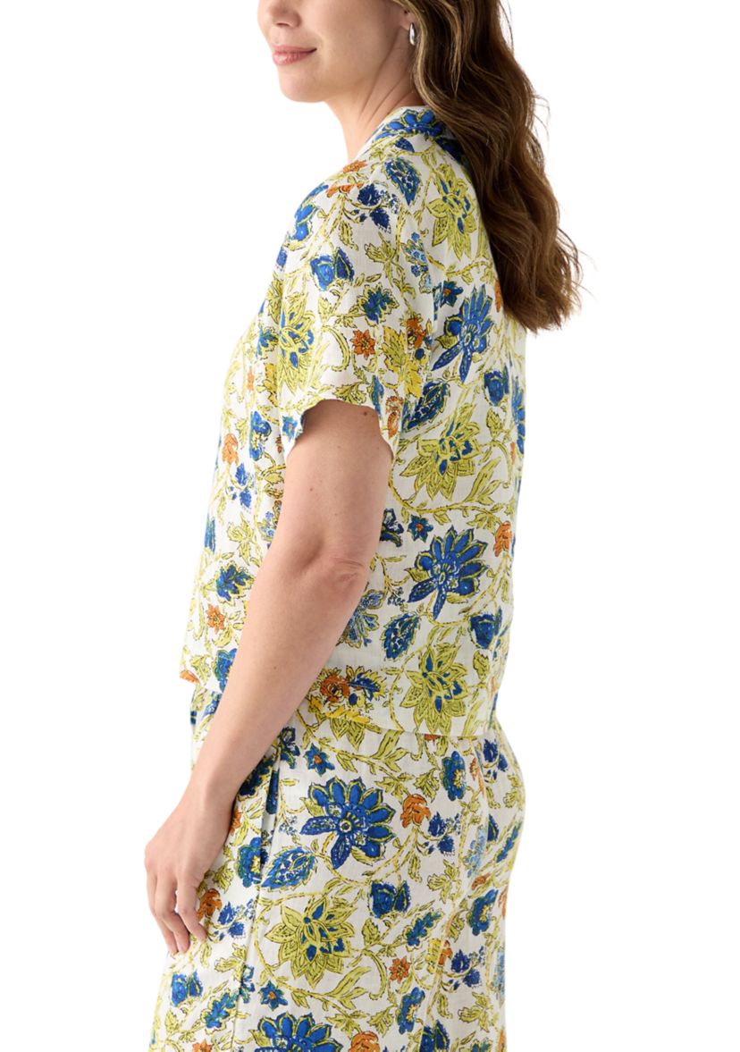 Womens Short-Sleeve Linen Floral Camp Shirt