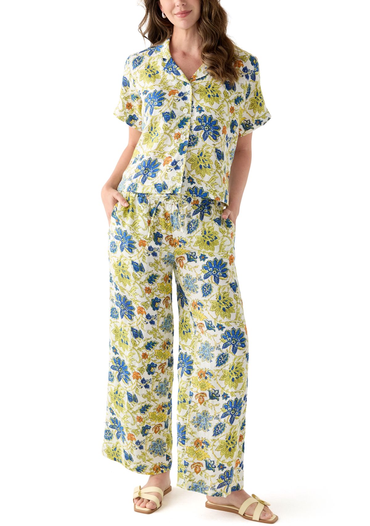 Womens Short-Sleeve Linen Floral Camp Shirt
