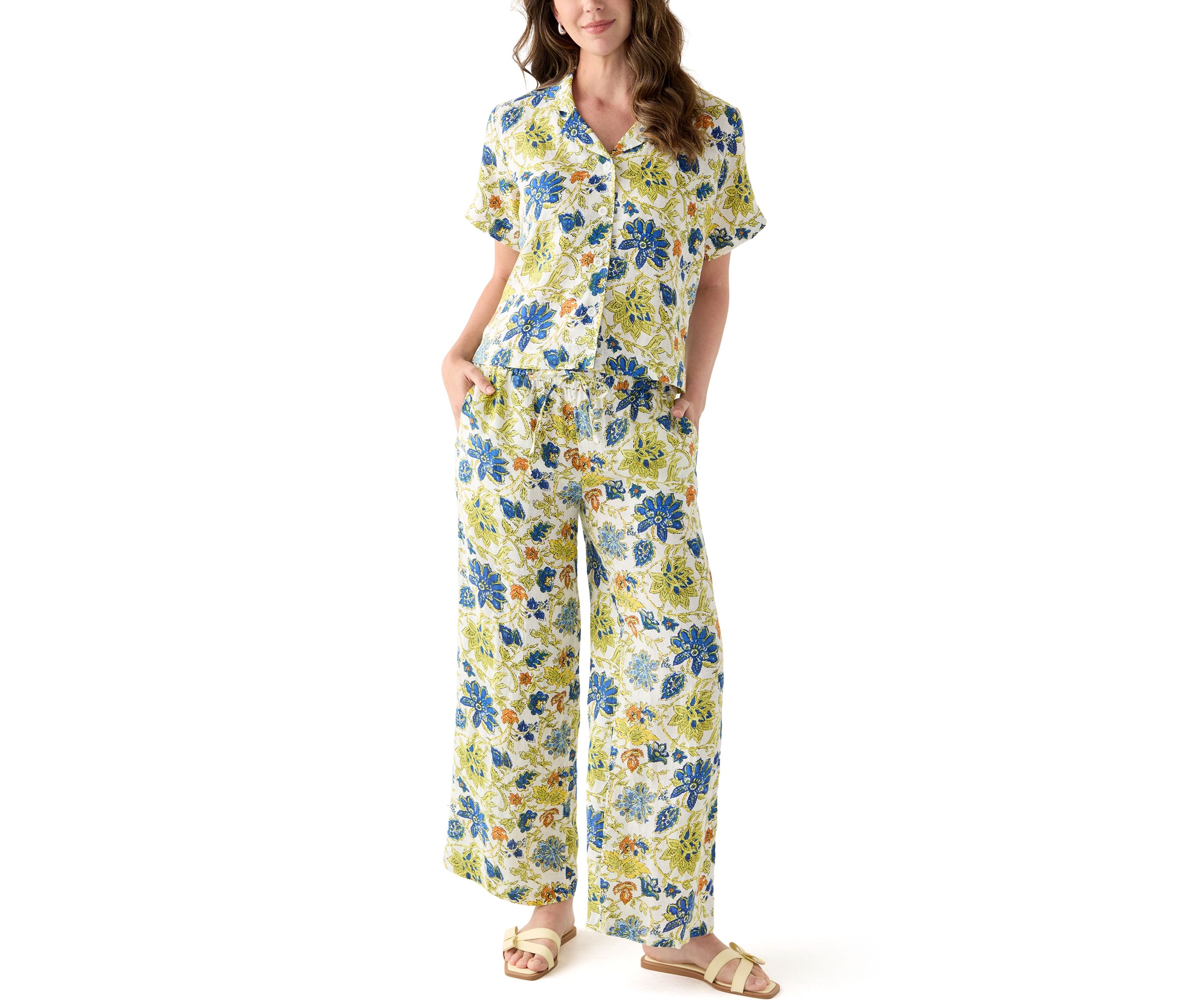 Womens Short-Sleeve Linen Floral Camp Shirt