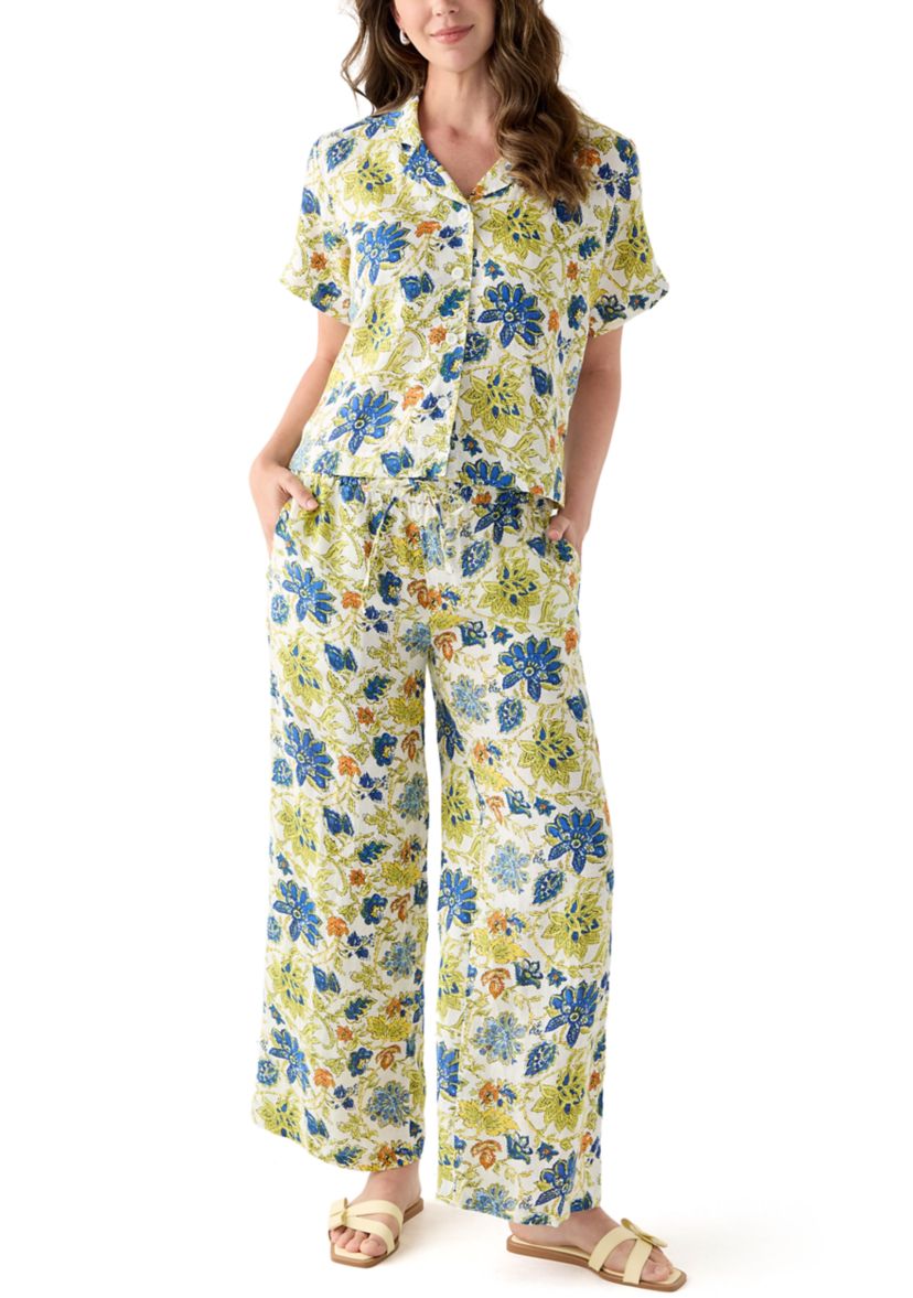 Womens Short-Sleeve Linen Floral Camp Shirt