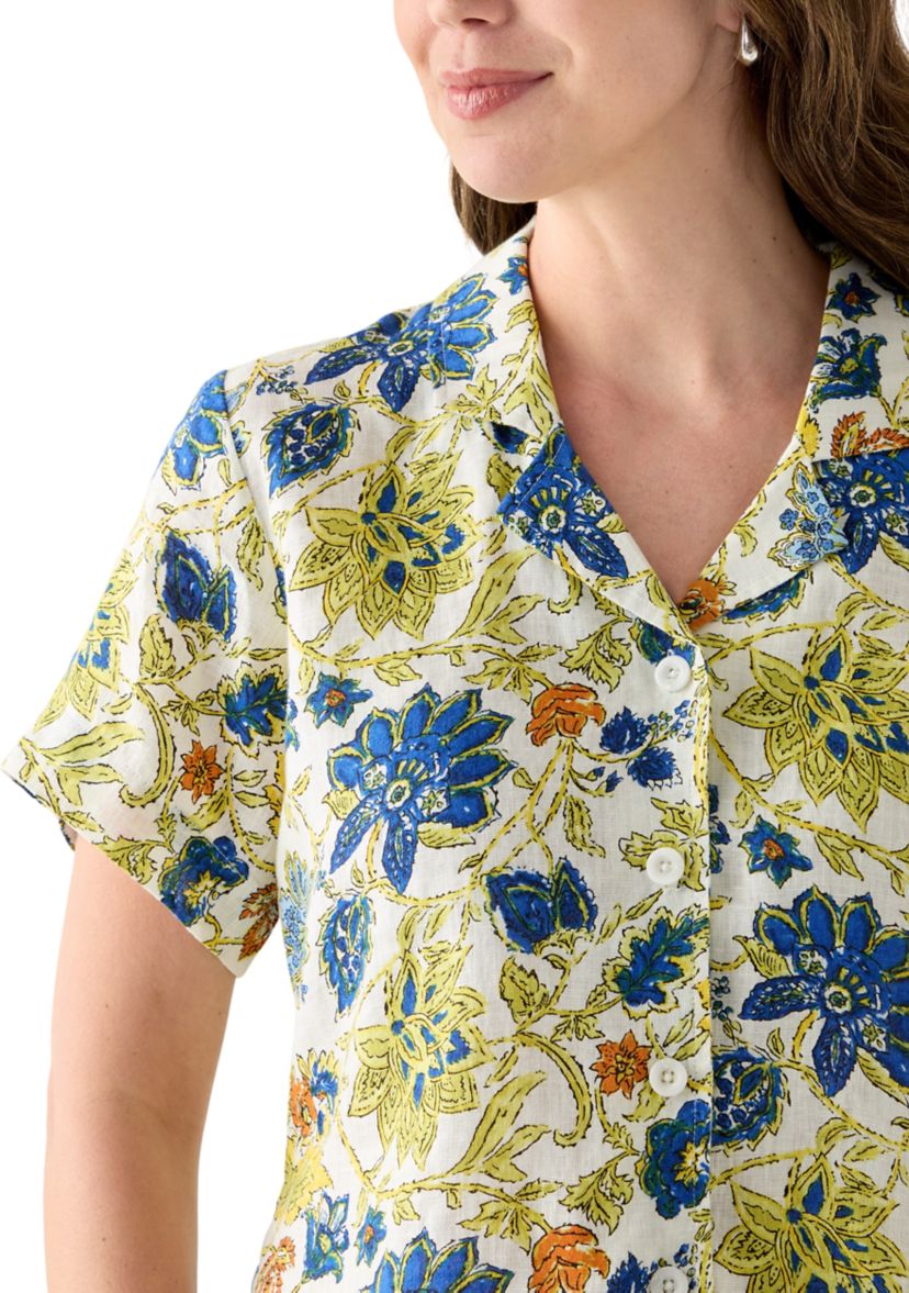 Womens Short-Sleeve Linen Floral Camp Shirt