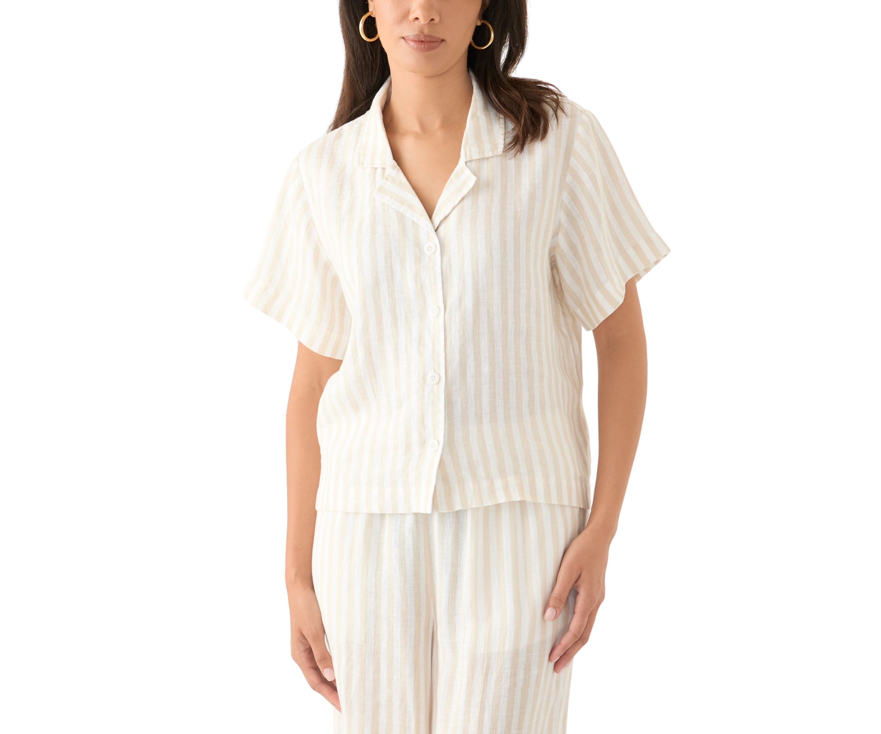 Womens Short Sleeve Linen Stripe Camp Shirt