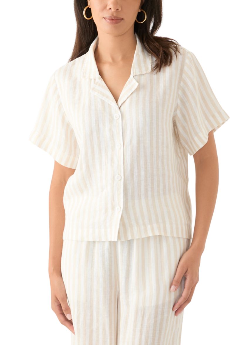 Womens Short Sleeve Linen Stripe Camp Shirt