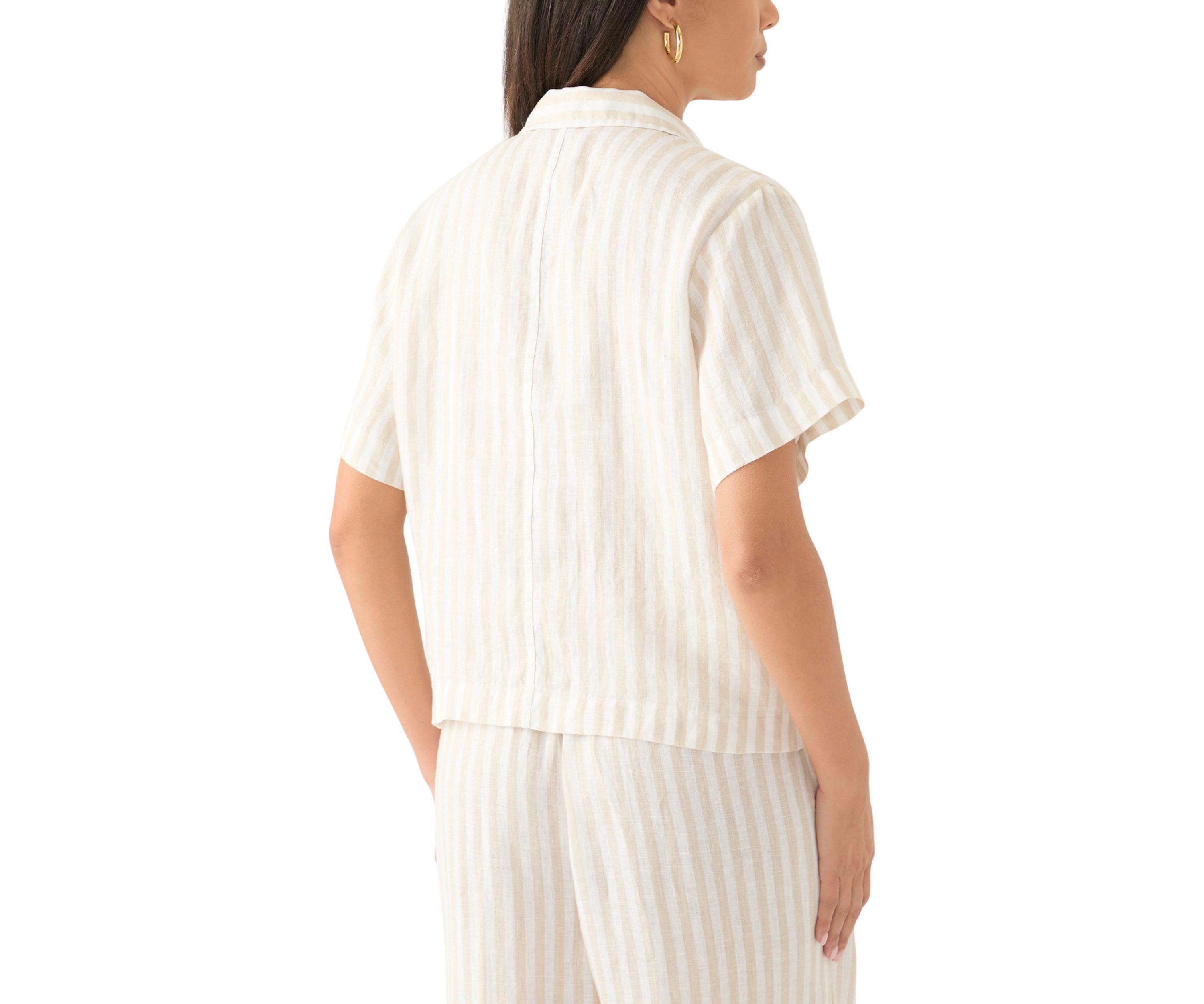 Womens Short Sleeve Linen Stripe Camp Shirt