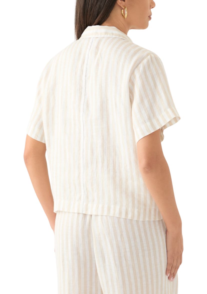 Womens Short Sleeve Linen Stripe Camp Shirt