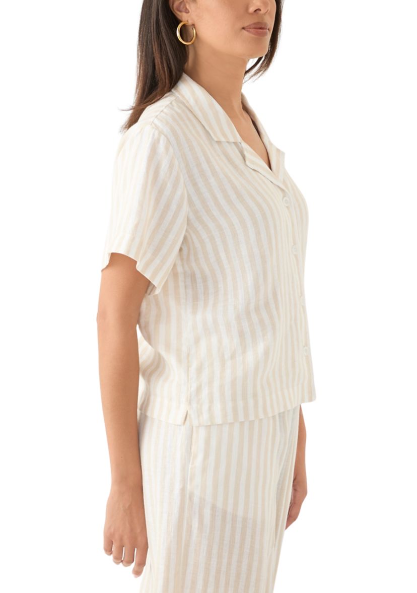 Womens Short Sleeve Linen Stripe Camp Shirt