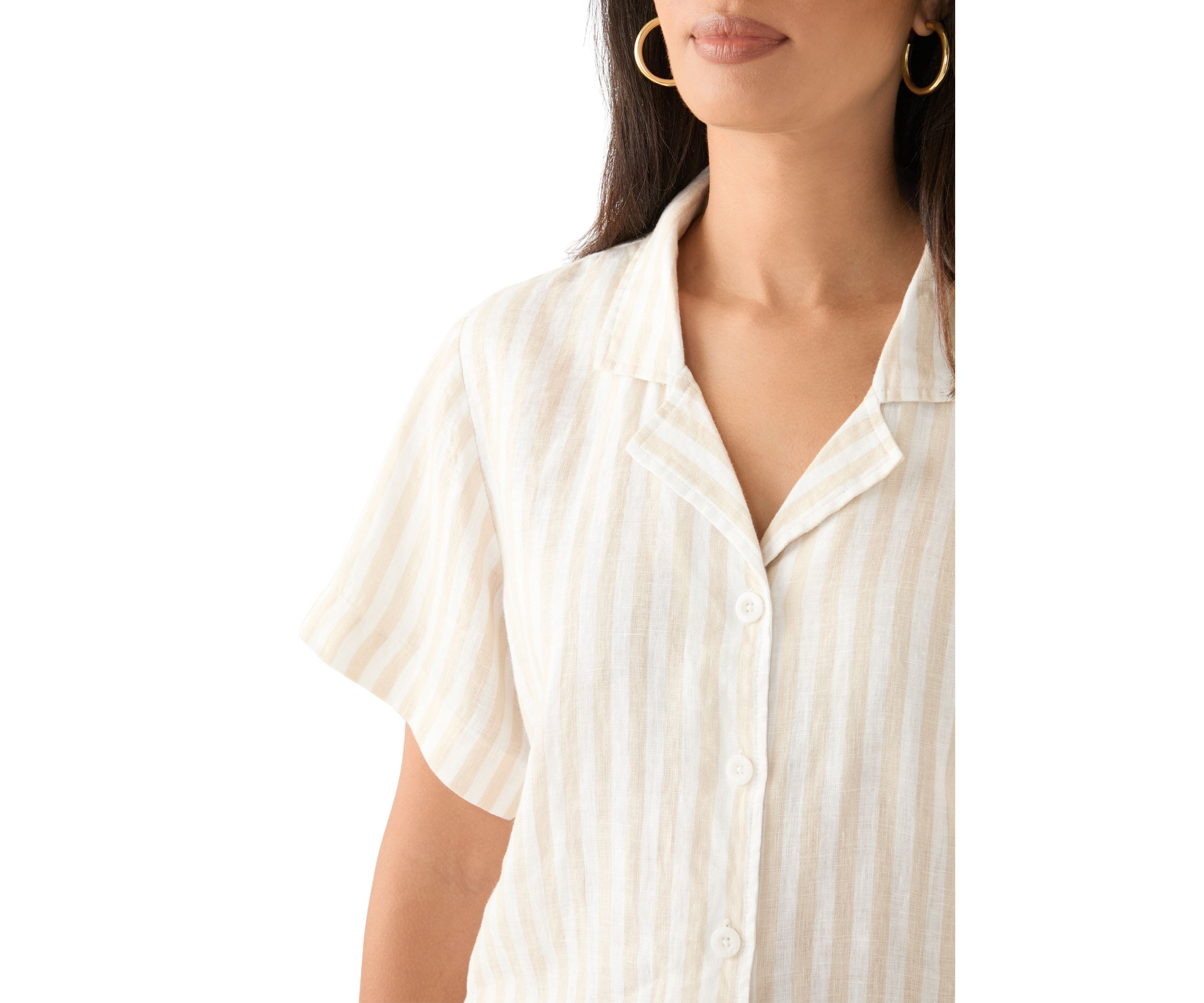 Womens Short Sleeve Linen Stripe Camp Shirt