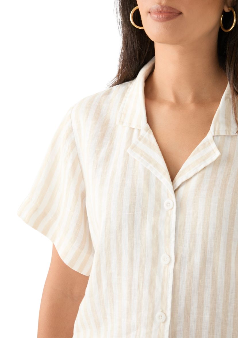 Womens Short Sleeve Linen Stripe Camp Shirt