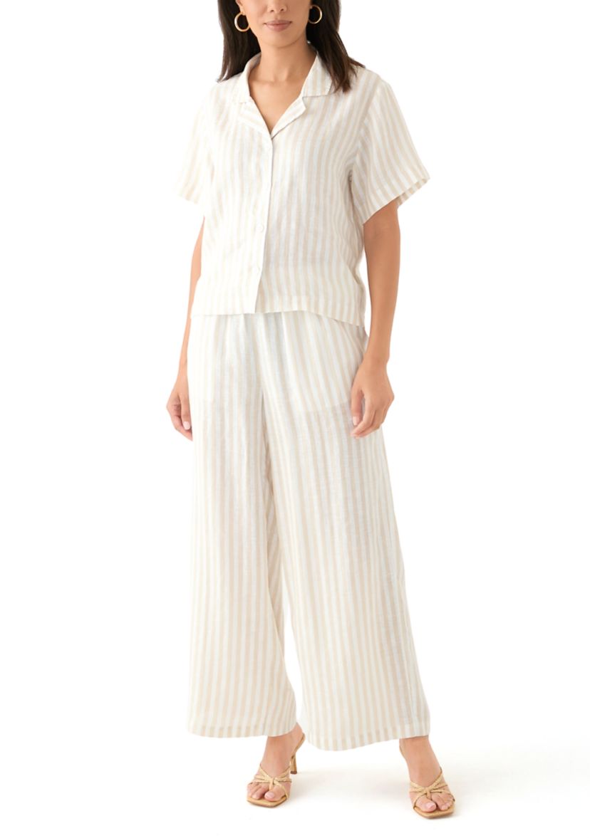 Womens Short Sleeve Linen Stripe Camp Shirt